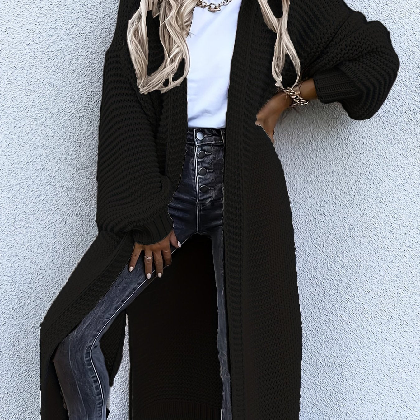 Antmvs Solid Open Front Side Split Cardigan, Casual Long Sleeve Cardigan For Spring & Fall, Women's Clothing