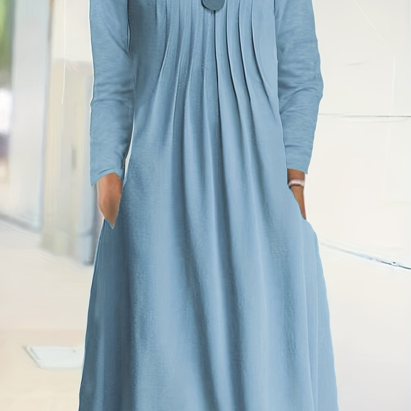 Antmvs Tucked Solid Dress, Casual Crew Neck Long Sleeve Dress, Women's Clothing