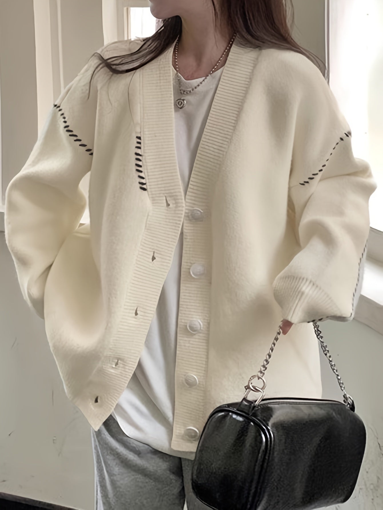 Antmvs Casual Button Down Knit Cardigan, Oversized Long Sleeve Sweater For Fall & Winter, Women's Clothing