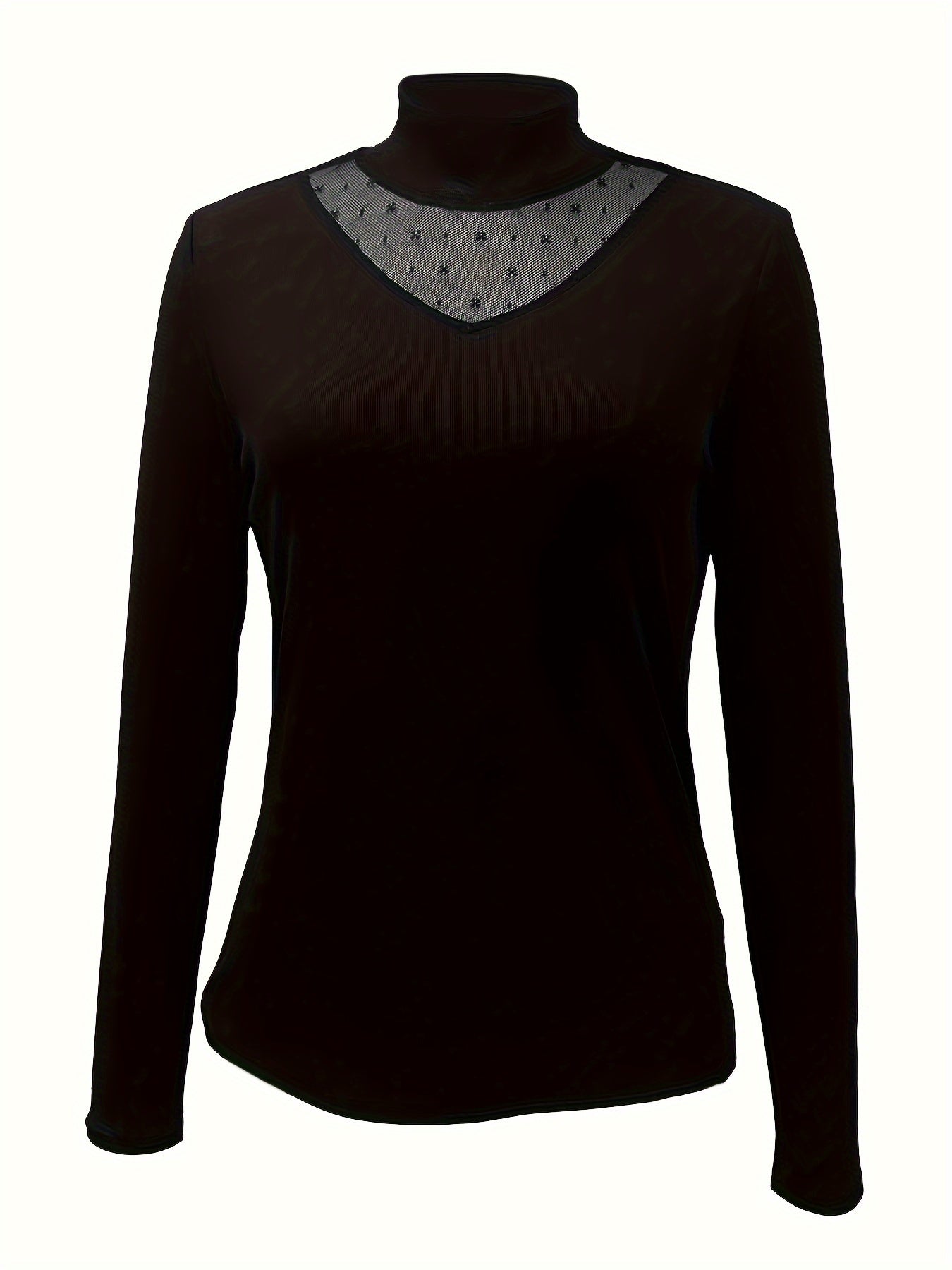 Antmvs Contrast Mesh Mock Neck Knitted Top, Elegant Long Sleeve Slim Sweater, Women's Clothing