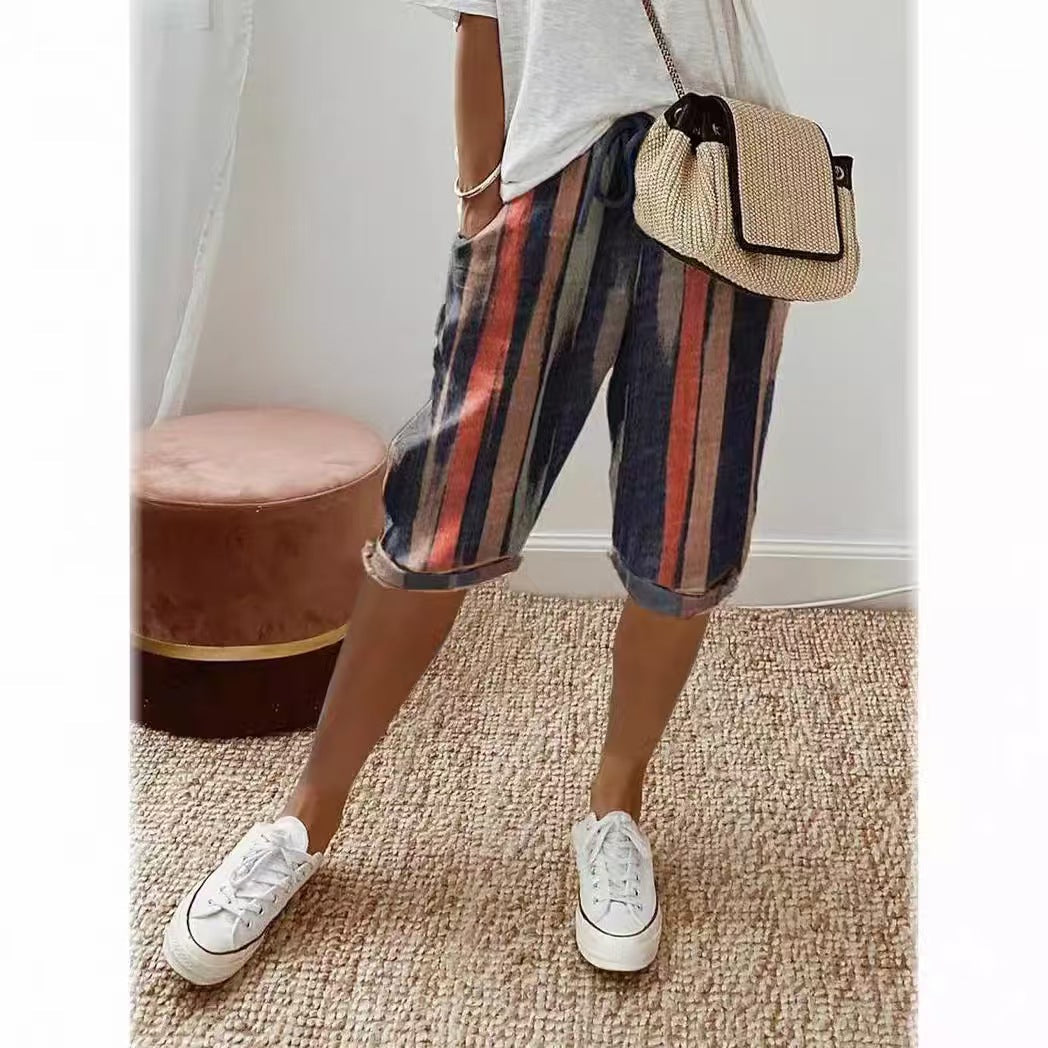 Antmvs Casual Color Lump Striped Without Belt Loose Wide Leg Full Print Bottoms