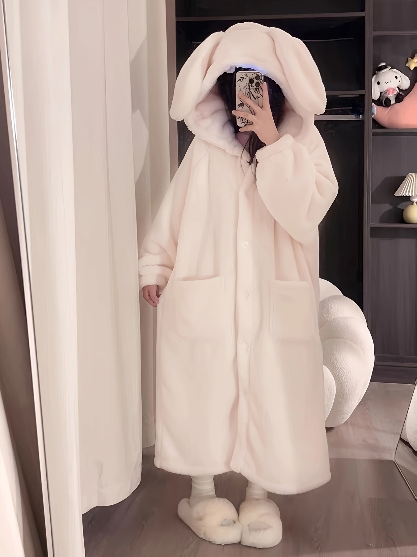 Antmvs Cute Rabbit Hooded Fleece Night Robe, Thickened Long Sleeve Button Up Robe With Pockets, Women's Sleepwear & Dresses