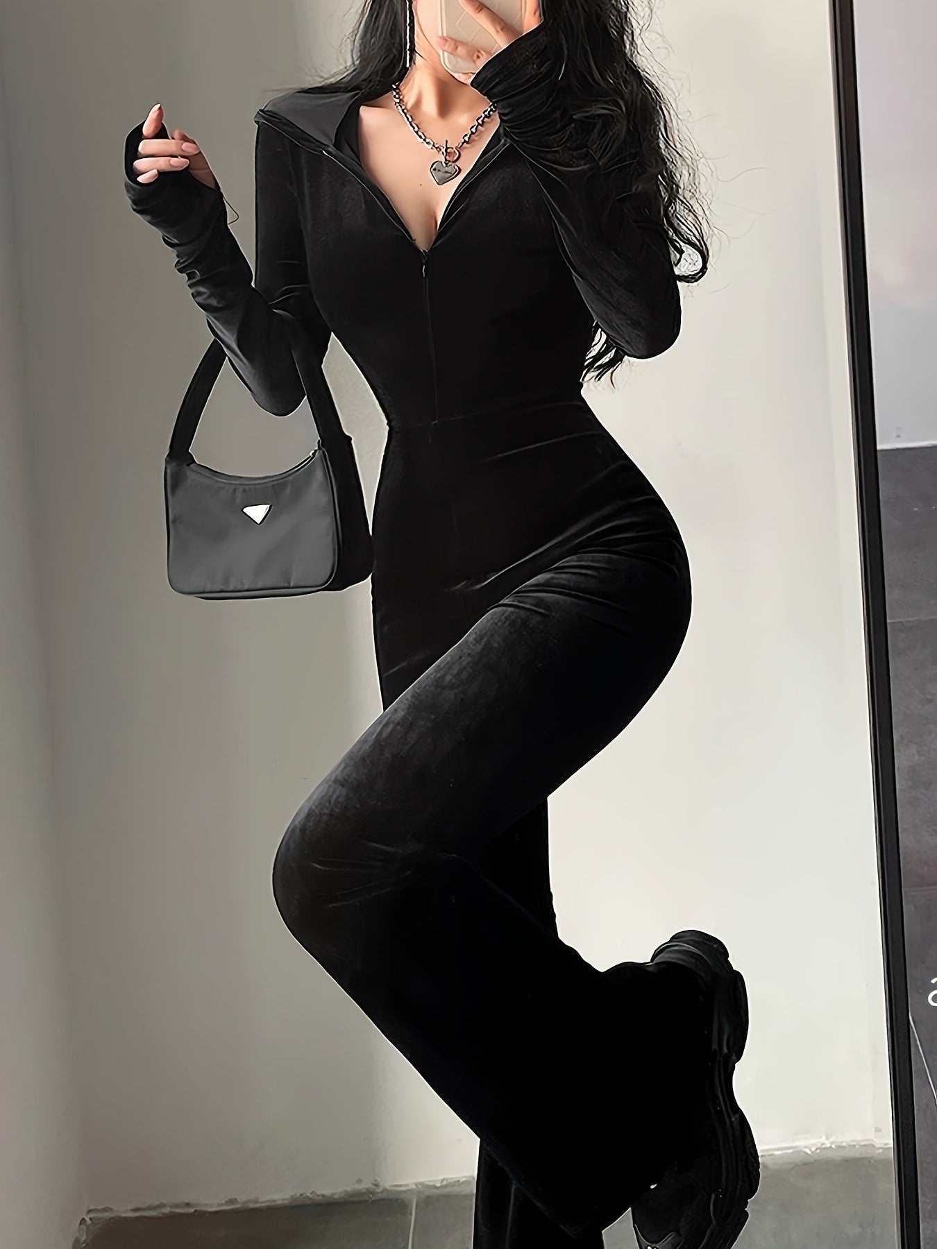 Antmvs Velvet Zip Up Jumpsuit, Casual Long Sleeve Flare Leg Jumpsuit, Women's Clothing