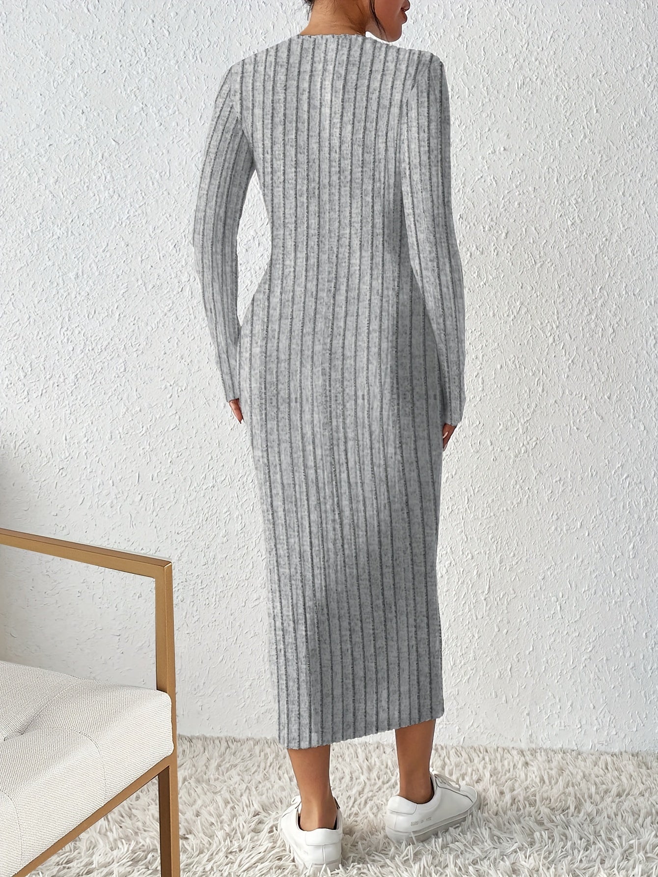 Antmvs Half Zip Ribbed Dress, Casual Solid Long Sleeve Every Day Dress, Women's Clothing