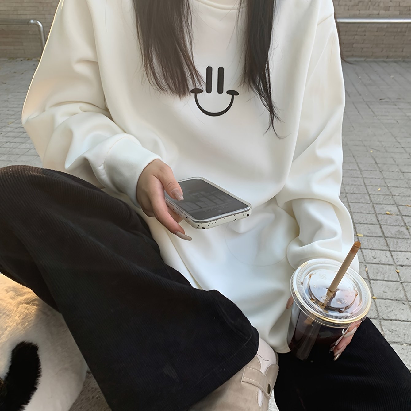 Antmvs Smile Face & Letter Print Pullover Sweatshirt, Casual Long Sleeve Crew Neck Sweatshirt For Fall & Winter, Women's Clothing