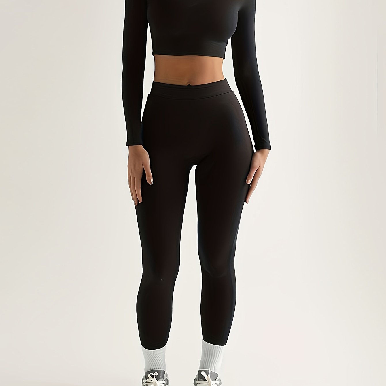 Antmvs Solid Slim Two-piece Set, Casual Long Sleeve Crop Top & High Waist Skinny Pants Outfits, Women's Clothing