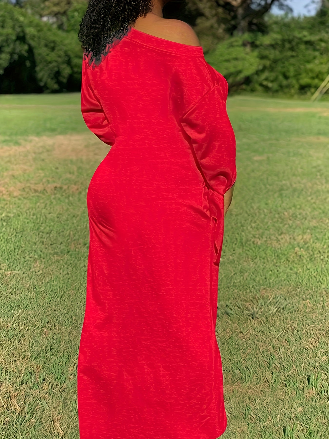 Antmvs Plus Size Sexy Dress, Women's Plus Solid One Shoulder Knot Long Sleeve Slash Neck Maxi Dress