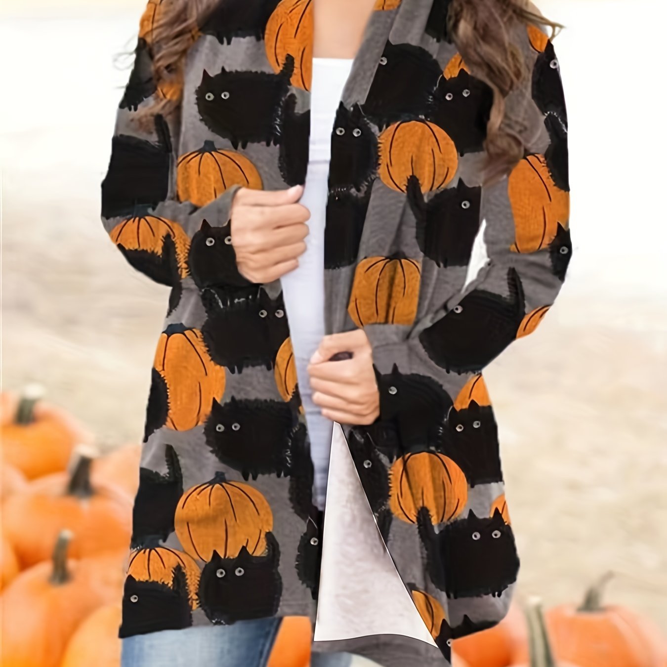 Antmvs Halloween Pumpkin Pattern Cardigan, Casual Open Front Long Sleeve Cardigan For Spring & Fall, Women's Clothing