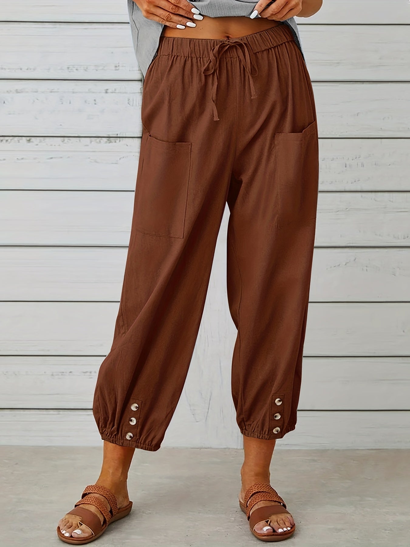 Antmvs Boho Baggy Harem Pants With Pockets, Drawstring Waist Casual Pants For Spring & Summer, Women's Clothing