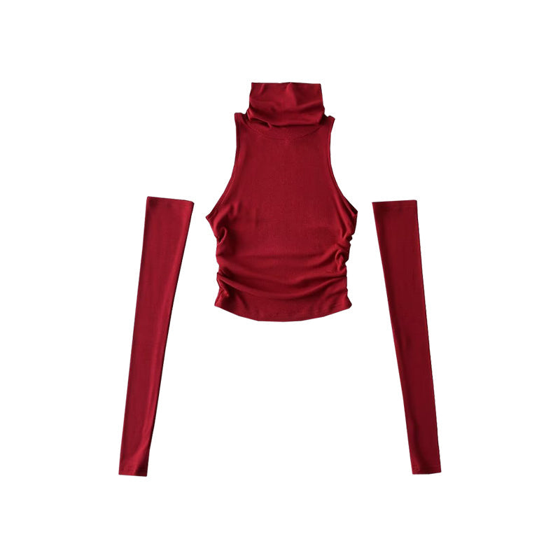 Antmvs Hyolin Solid Color Sleeveless Turtleneck Gloved Slim Ruched Top