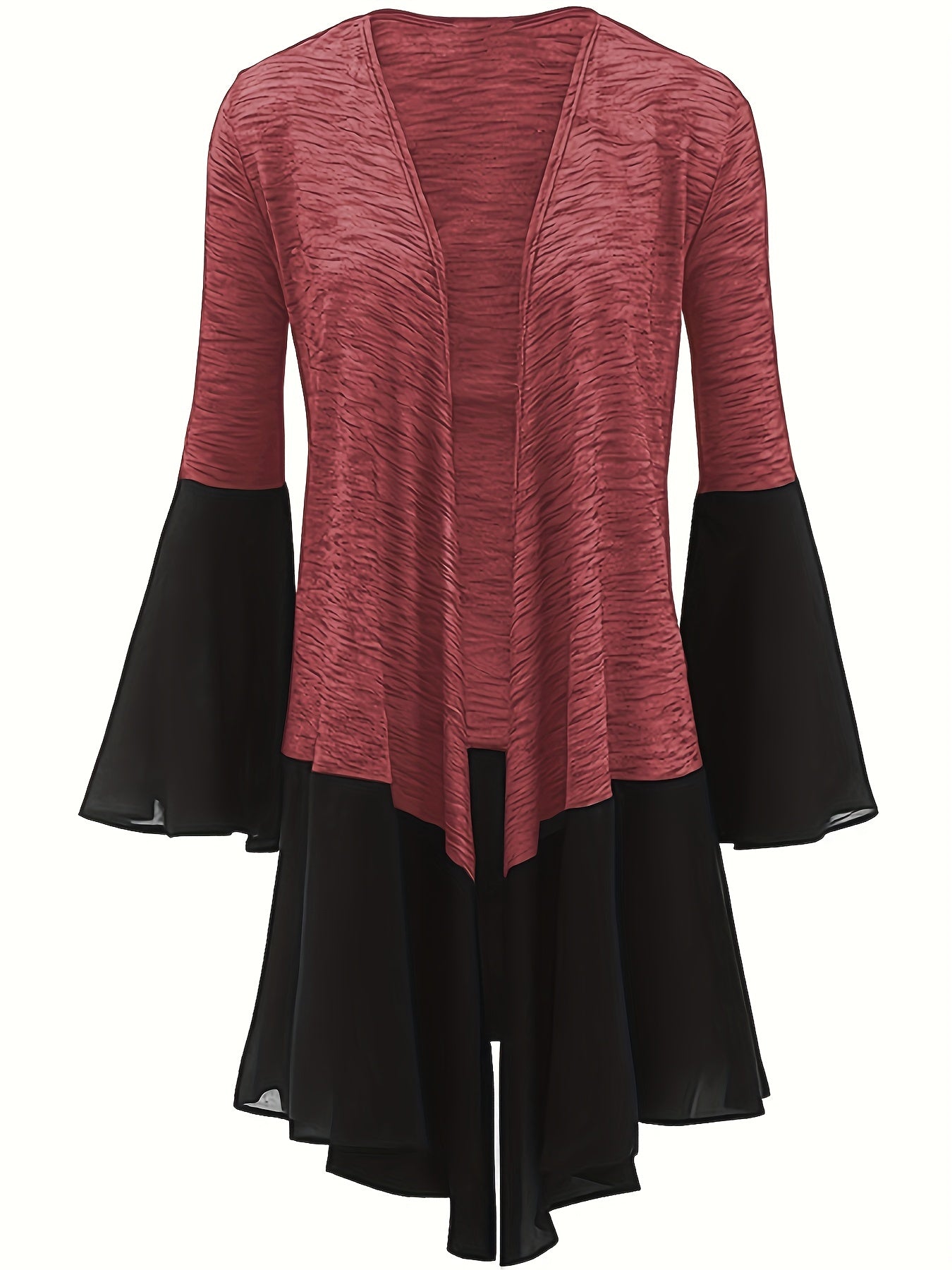 Antmvs Plus Size Elegant Overcoat, Women's Plus Contrast Mesh Bell Sleeve Open Front Slight Stretch Asymmetric Hem Cardigan