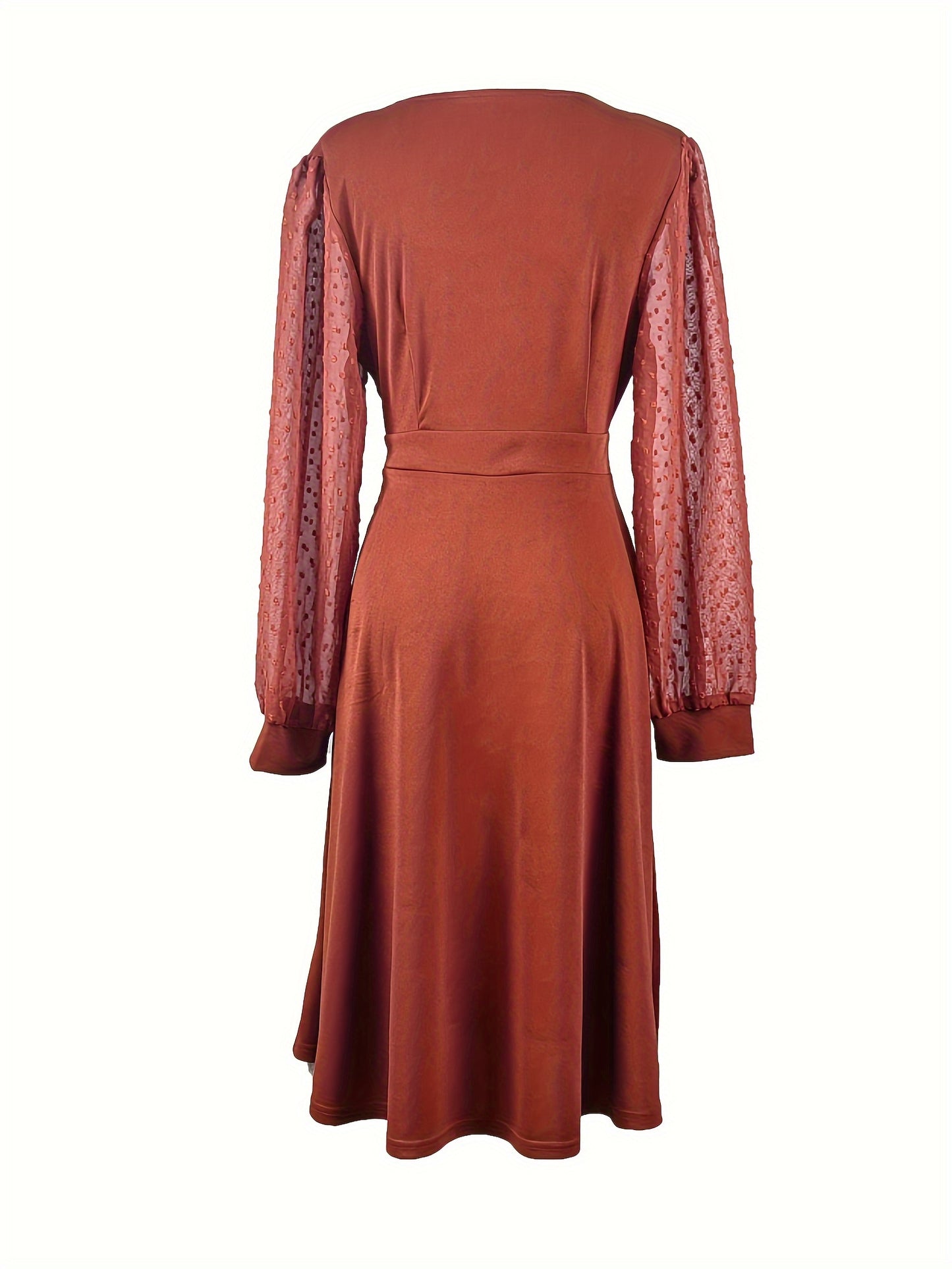 Antmvs Solid Surplice Neck Contrast Mesh Dress, Elegant Long Sleeve Dress For Spring & Summer, Women's Clothing