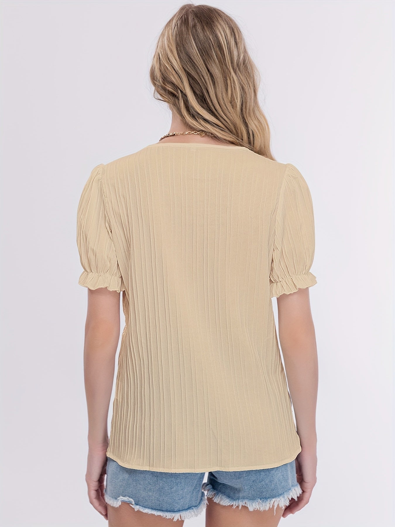 Antmvs Striped Solid Blouse, V Neck Casual Short Sleeve Versatile Blouse, Women's Clothing