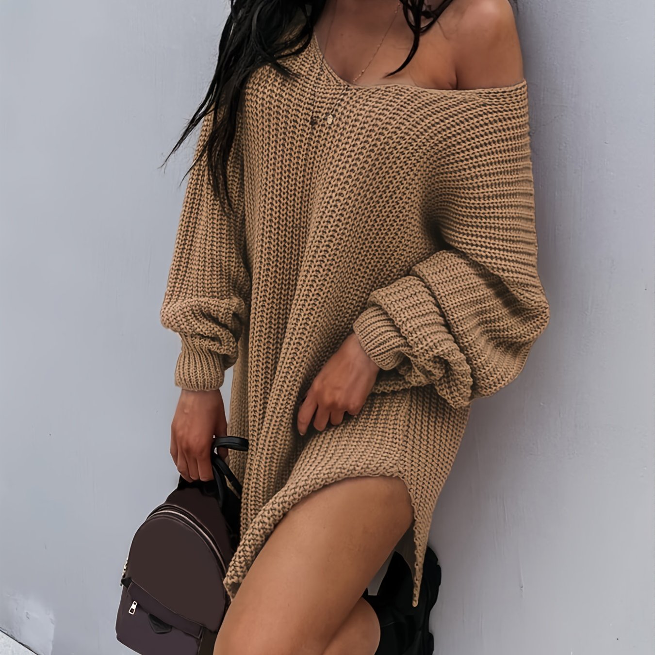 Antmvs Lantern Sleeve Knitted V-neck Sweater, Autumn And Winter New Knitted V-neck Sweater, Women's Clothing