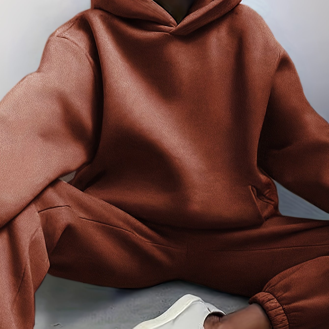 Antmvs Casual Solid Two-piece Set, Drop Shoulder Long Sleeve Hoodies & Elastic Waist Jogger Pants Outfits, Women's Clothing