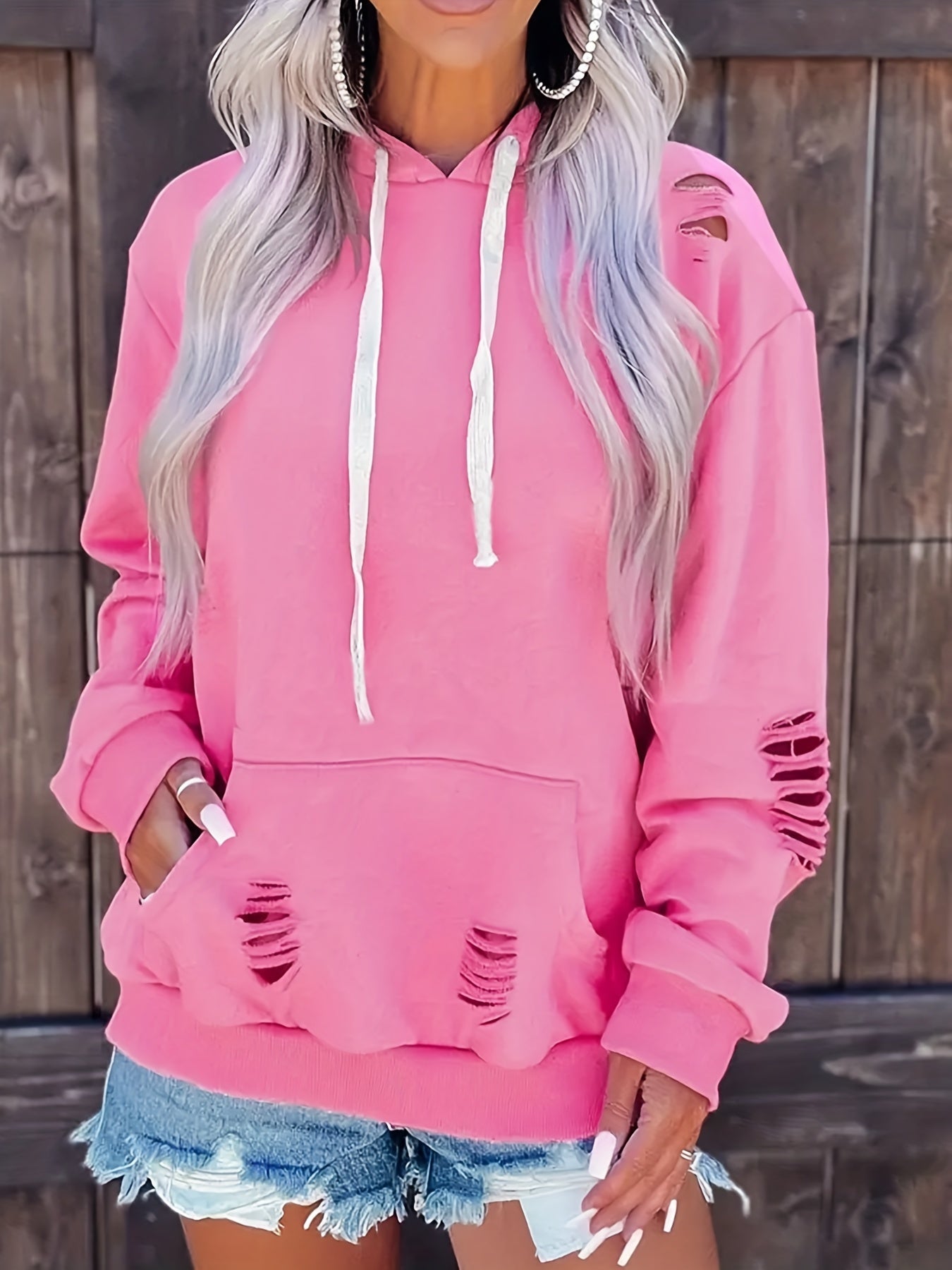 Antmvs Plus Size Casual Sweatshirt, Women's Plus Solid Cut Out Long Sleeve Slight Stretch Drawstring Hoodie With Pocket