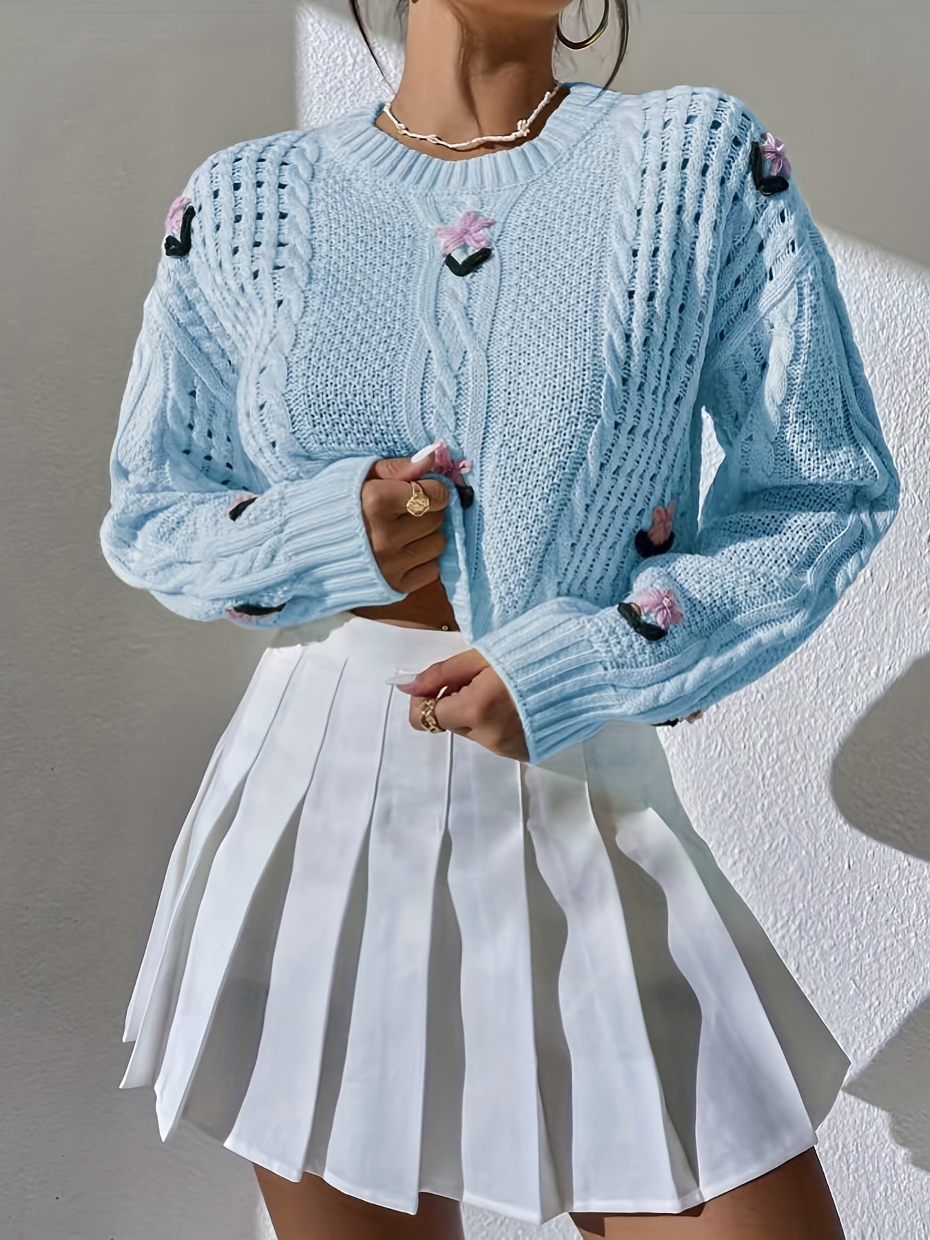 Antmvs Cropped Knit Sweater, Casual Crew Neck Long Sleeve Sweater, Women's Clothing