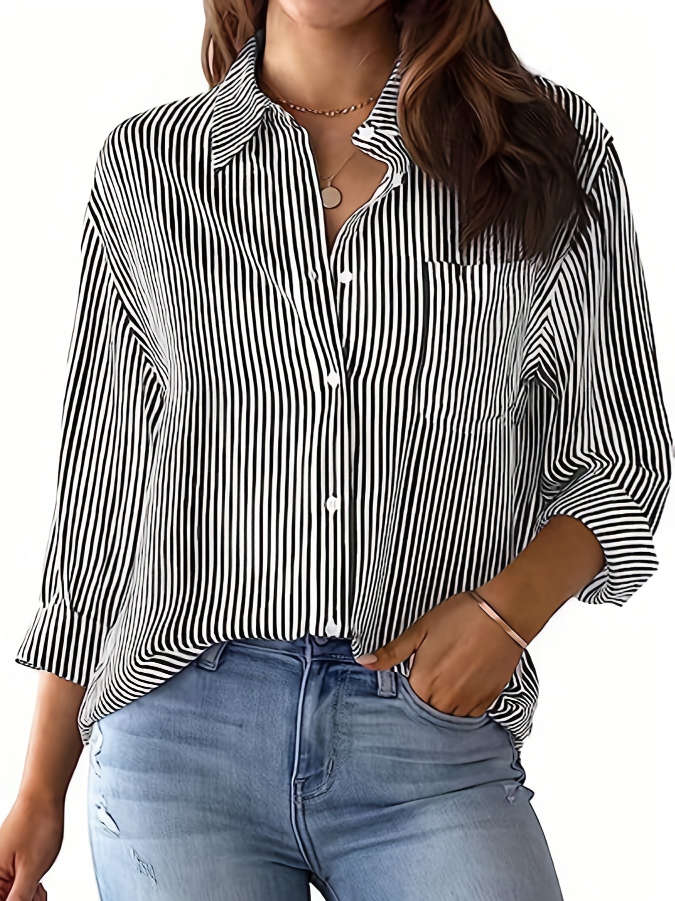 Antmvs Women's Loose Striped Blouse, Crew Neck Long Sleeve Blouse, Casual Every Day Blouse, Women's Clothing