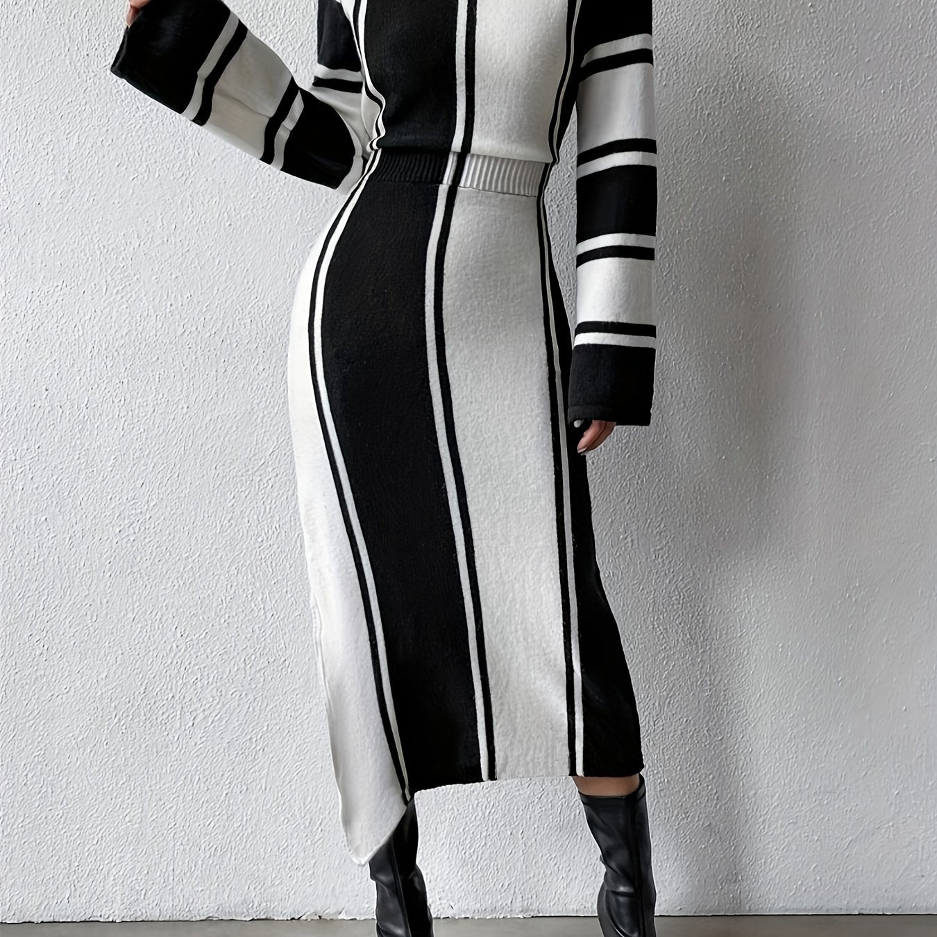 Antmvs Color Block Split Dress, Casual Mock Neck Long Sleeve Dress, Women's Clothing
