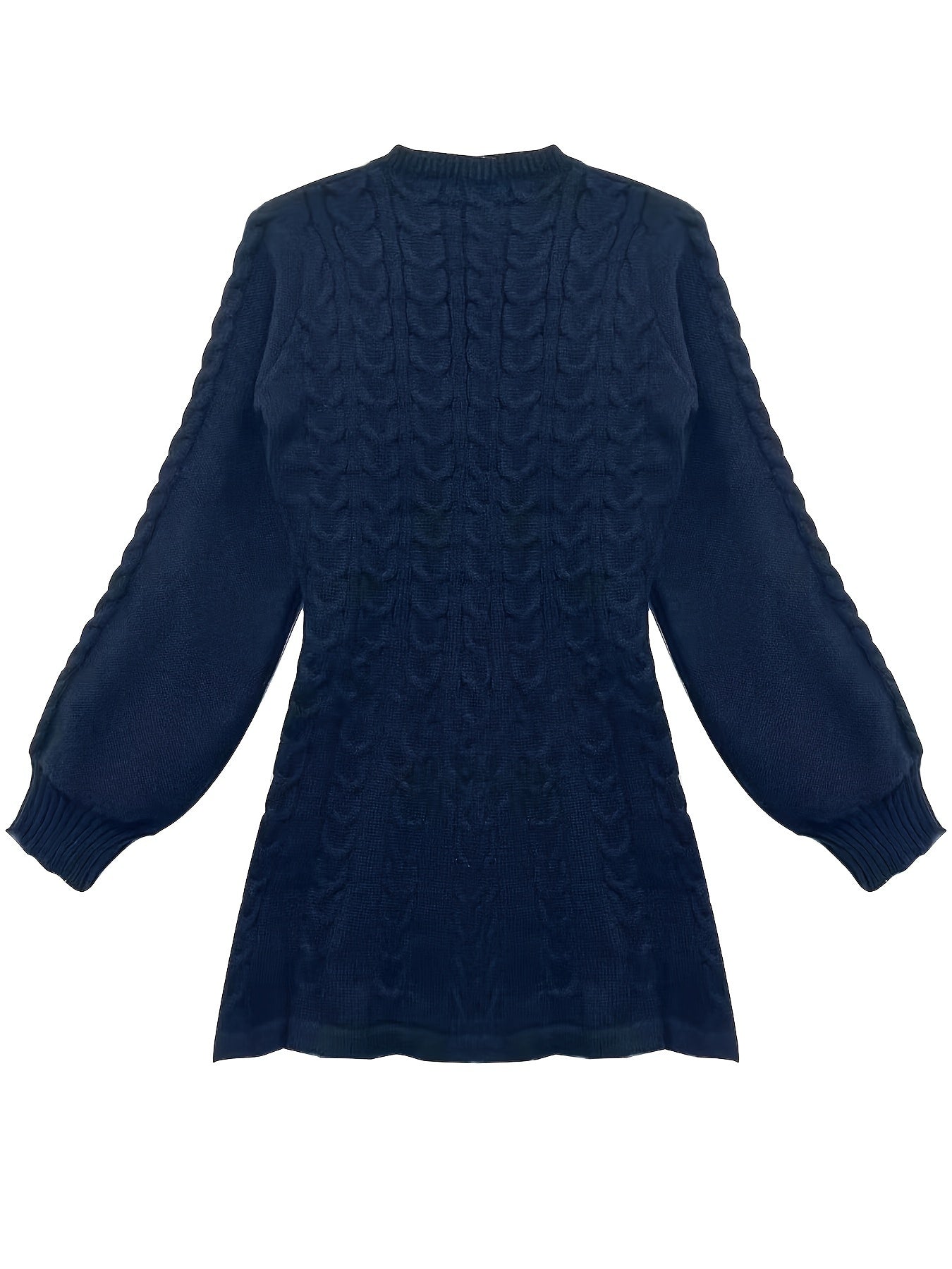 Antmvs Solid Cable Knit Dress, Elegant V Neck Lantern Long Sleeve Dress, Women's Clothing
