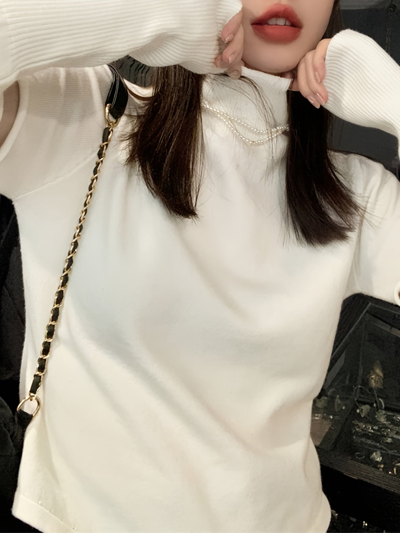 Antmvs Solid Fake Button Pullover Sweatshirt, Casual Removable Stitching Long Sleeve Turtle Neck Sweatshirt, Women's Clothing