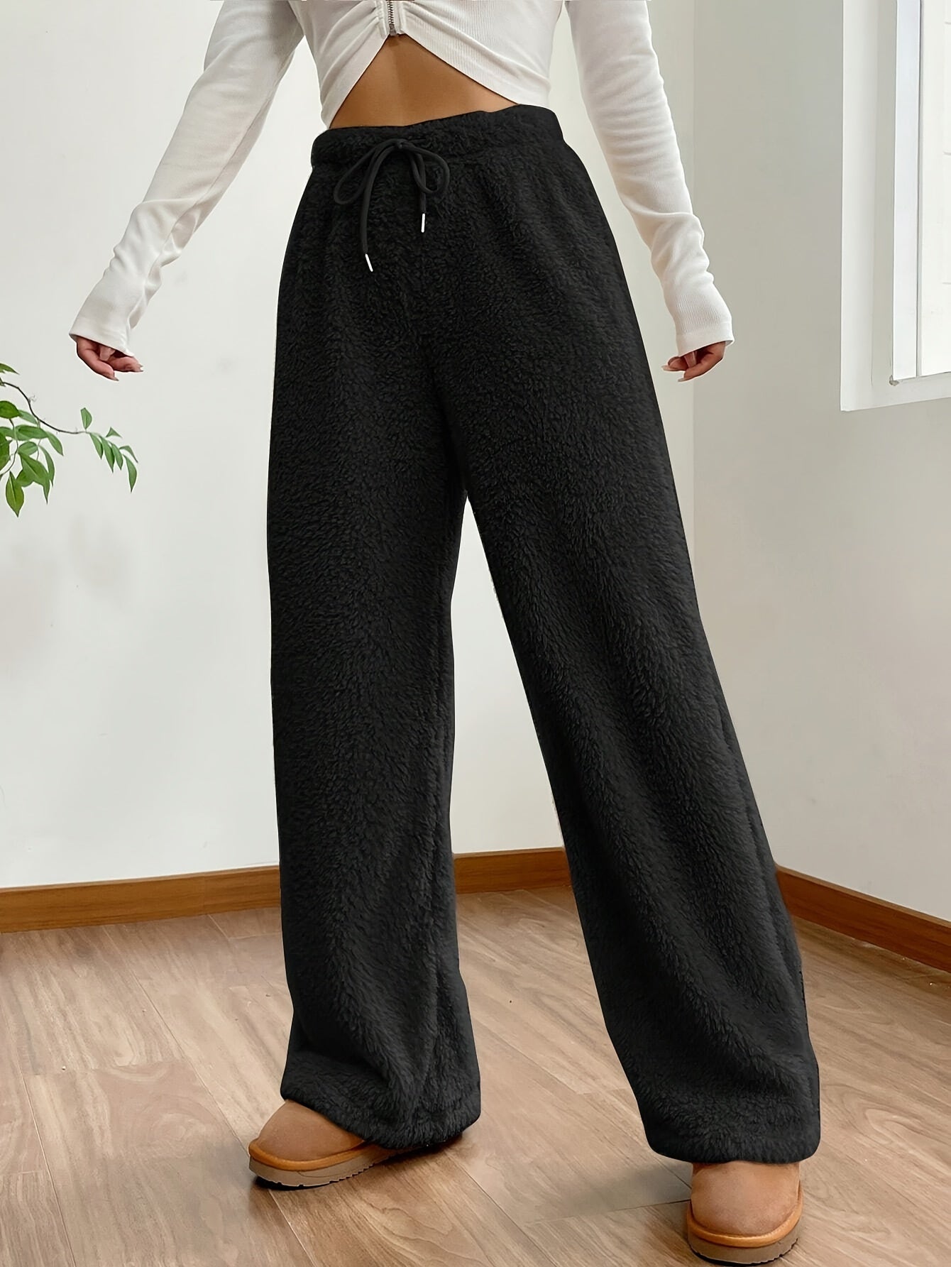 Antmvs Solid Color Teddy Bear Pants, Casual Drawstring Wide Leg Loose Pants, Women's Clothing