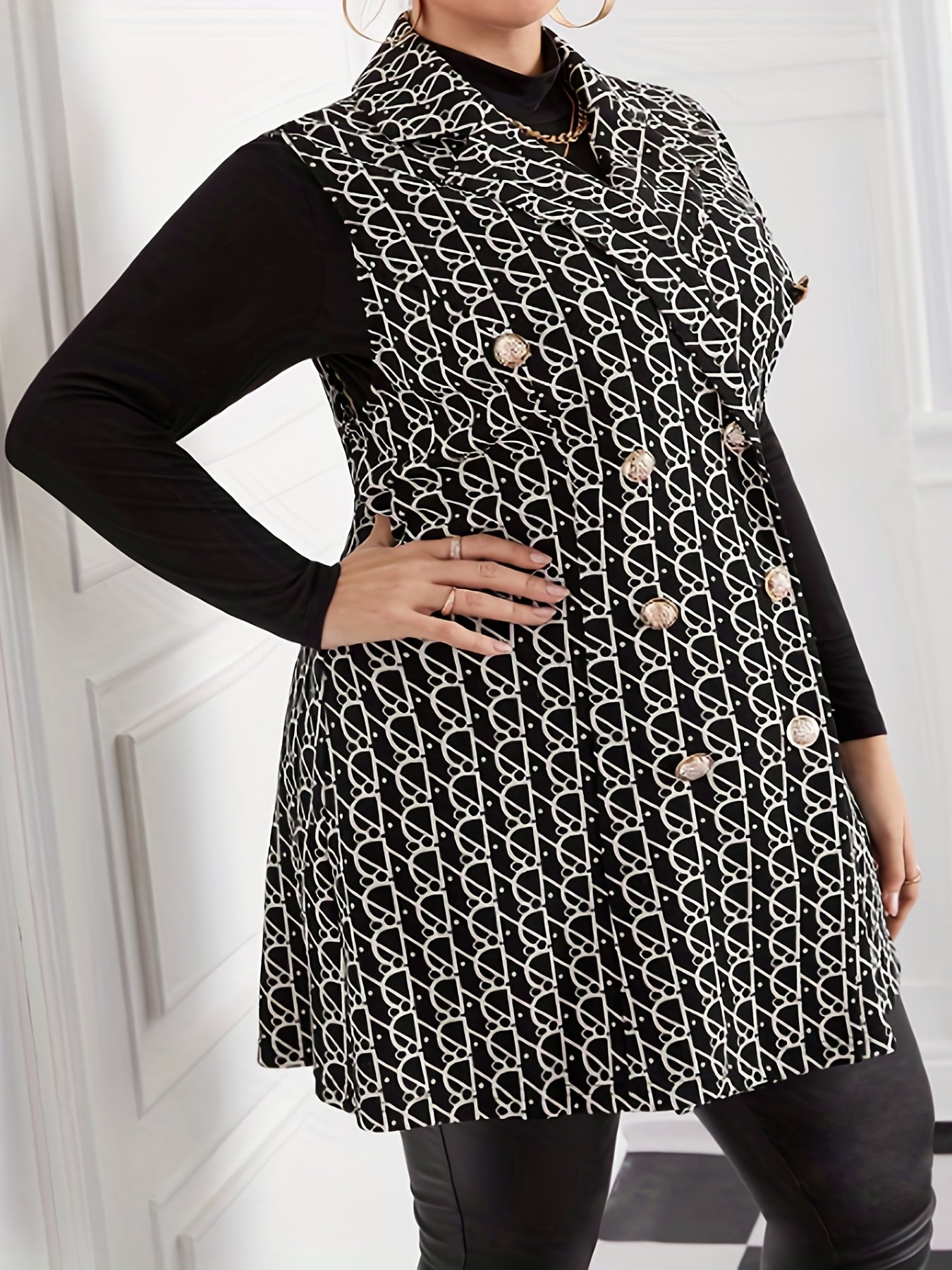 Antmvs Plus Size Casual Coat, Women's Plus Allover Geometric Print Lapel Collar Medium Stretch Vest