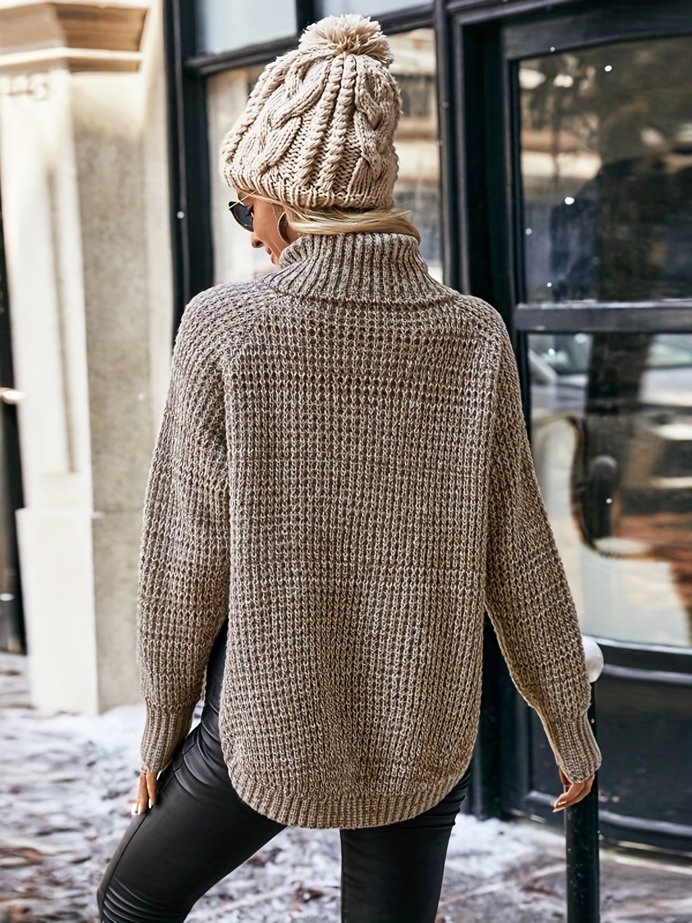 Antmvs Solid Turtle Neck Pullover Sweater, Casual Long Sleeve Raglan Shoulder Sweater For Fall & Winter, Women's Clothing