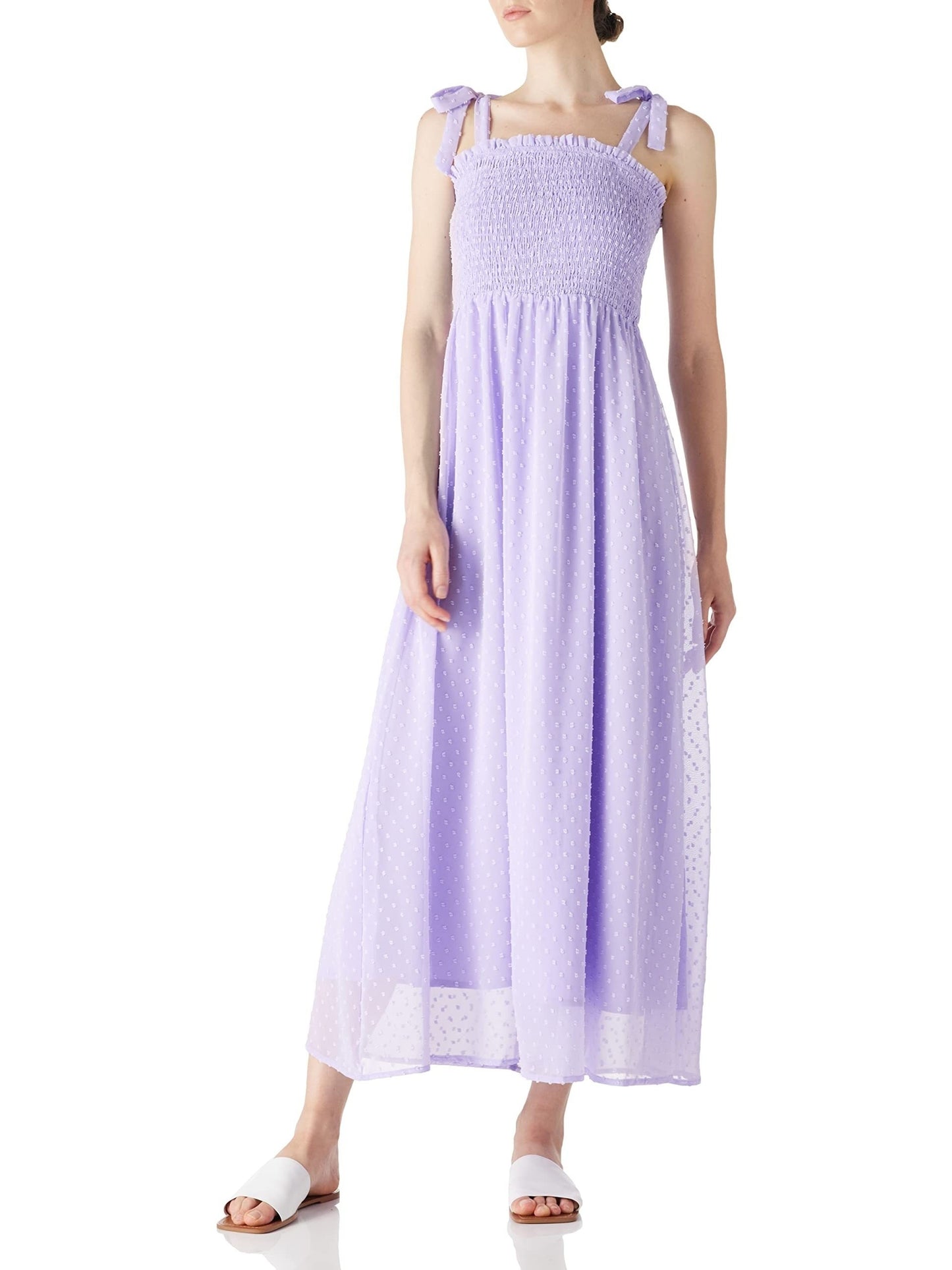 Antmvs Swiss Dot Tie Strap Shirred Dress, Elegant Backless Ruffle Trim Dress, Women's Clothing