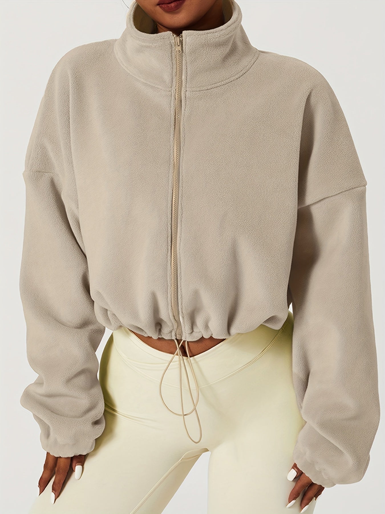 Antmvs Women's Warm Fleece Crop Jacket With Zipper And Drawstring - Perfect For Casual Sports And Outdoor Activities