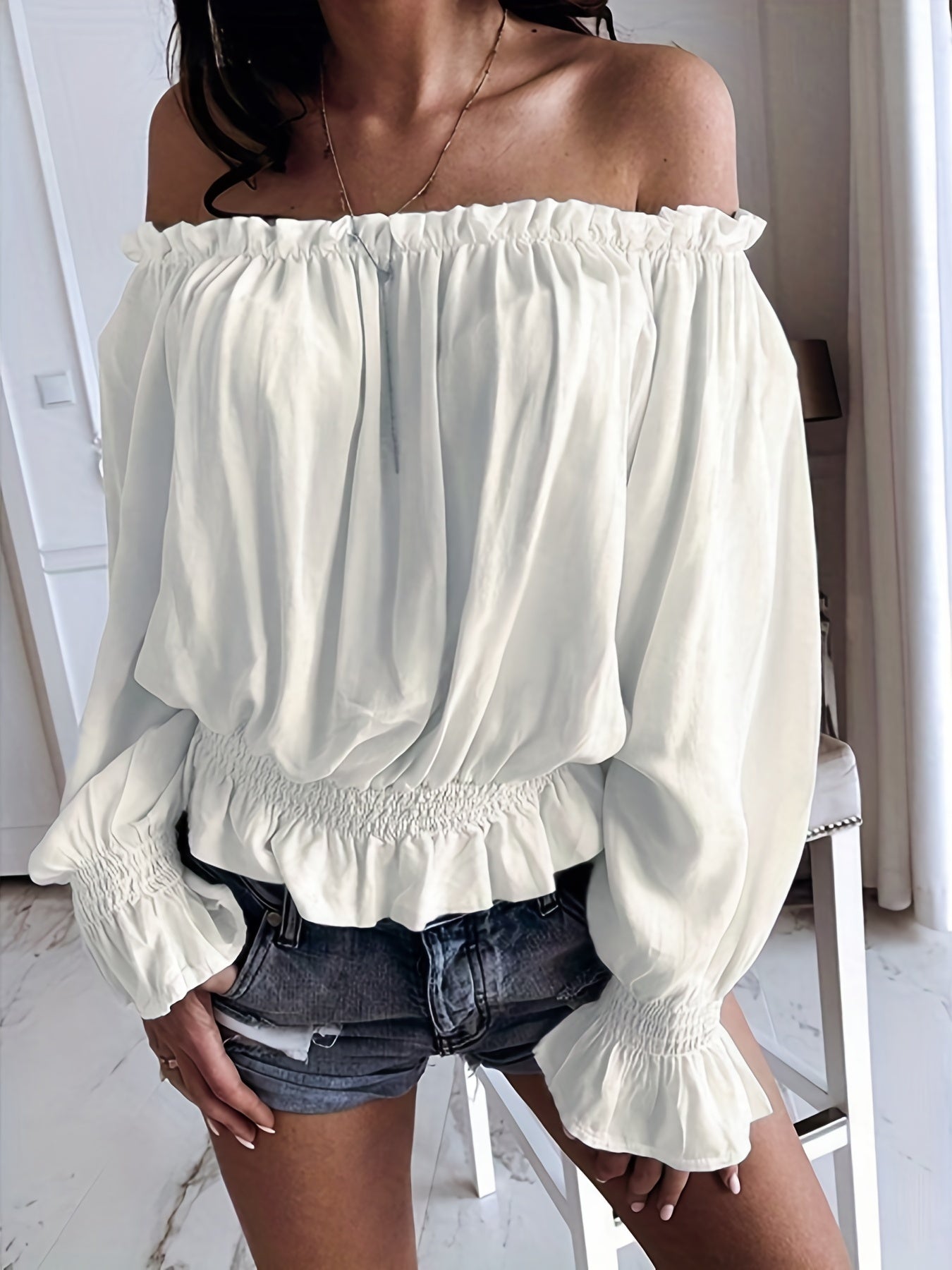 Antmvs Off Shoulder Ruffle Trim Blouse, Casual Long Sleeve Blouse For Spring & Fall, Women's Clothing