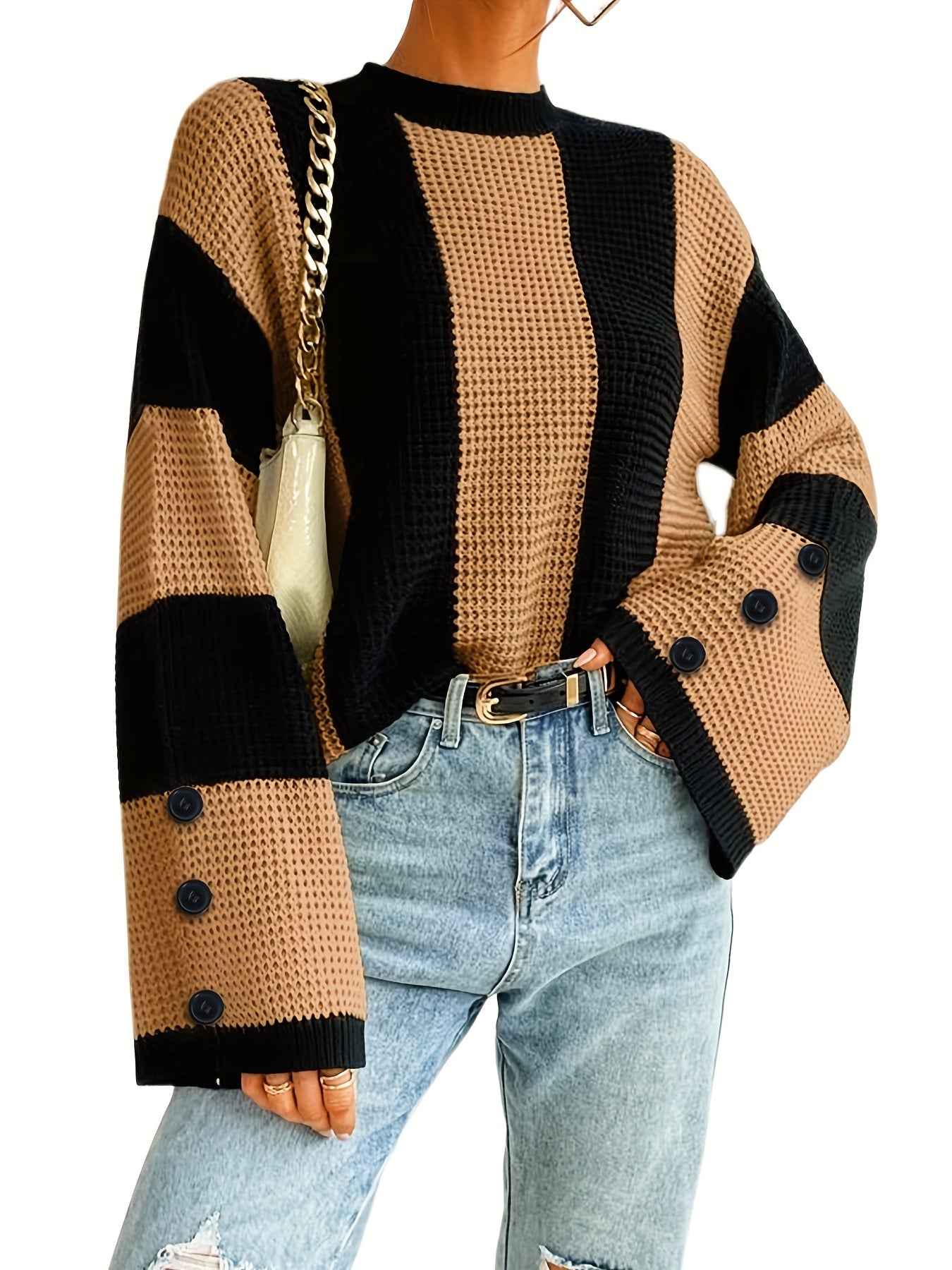 Antmvs Striped Flare Sleeve Pullover Sweater, Casual Button Decor Crew Neck Knitted Top, Women's Clothing