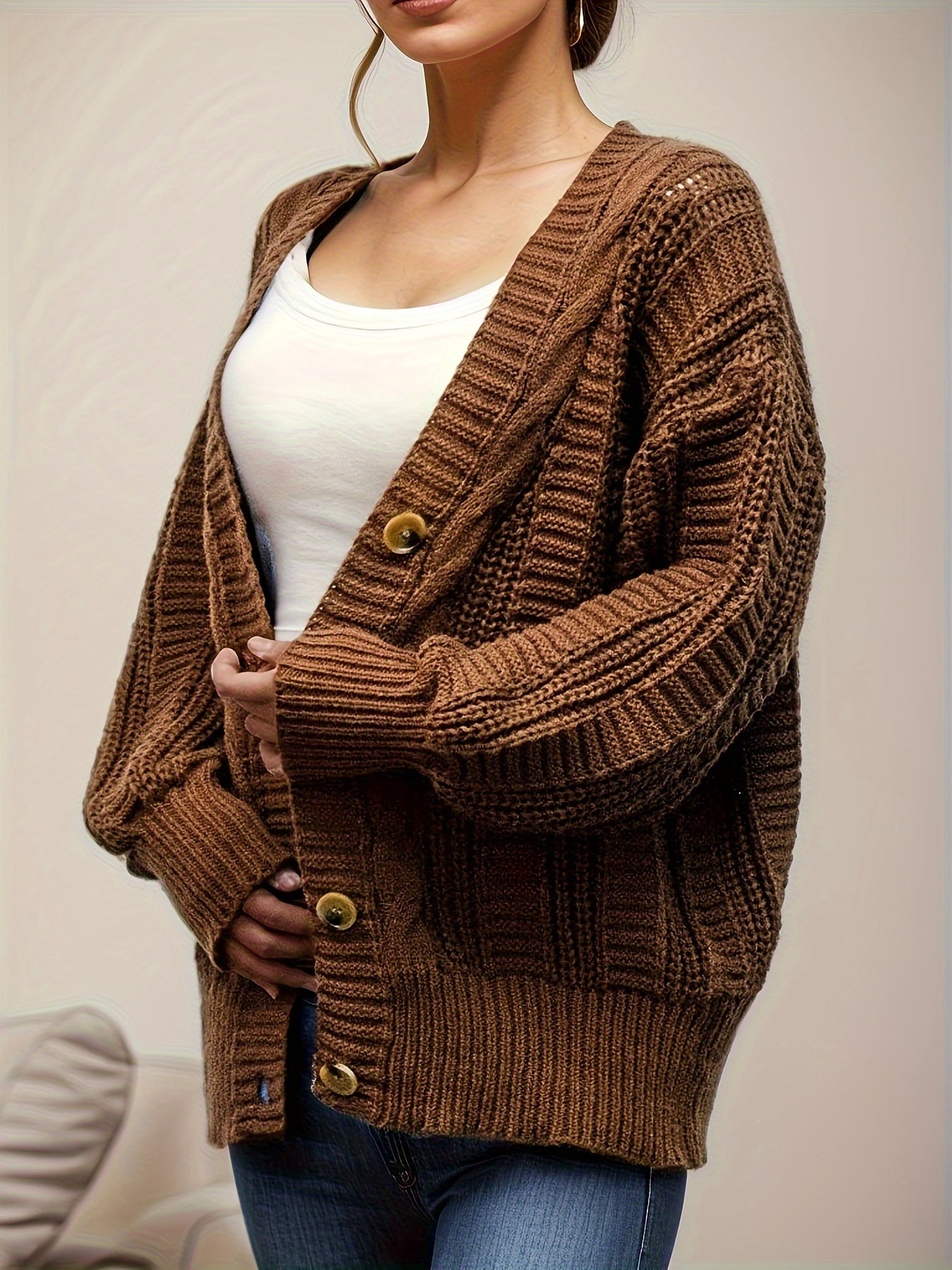 Antmvs Button Front Cable Knit Cardigan, Casual V Neck Long Sleeve Sweater, Women's Clothing