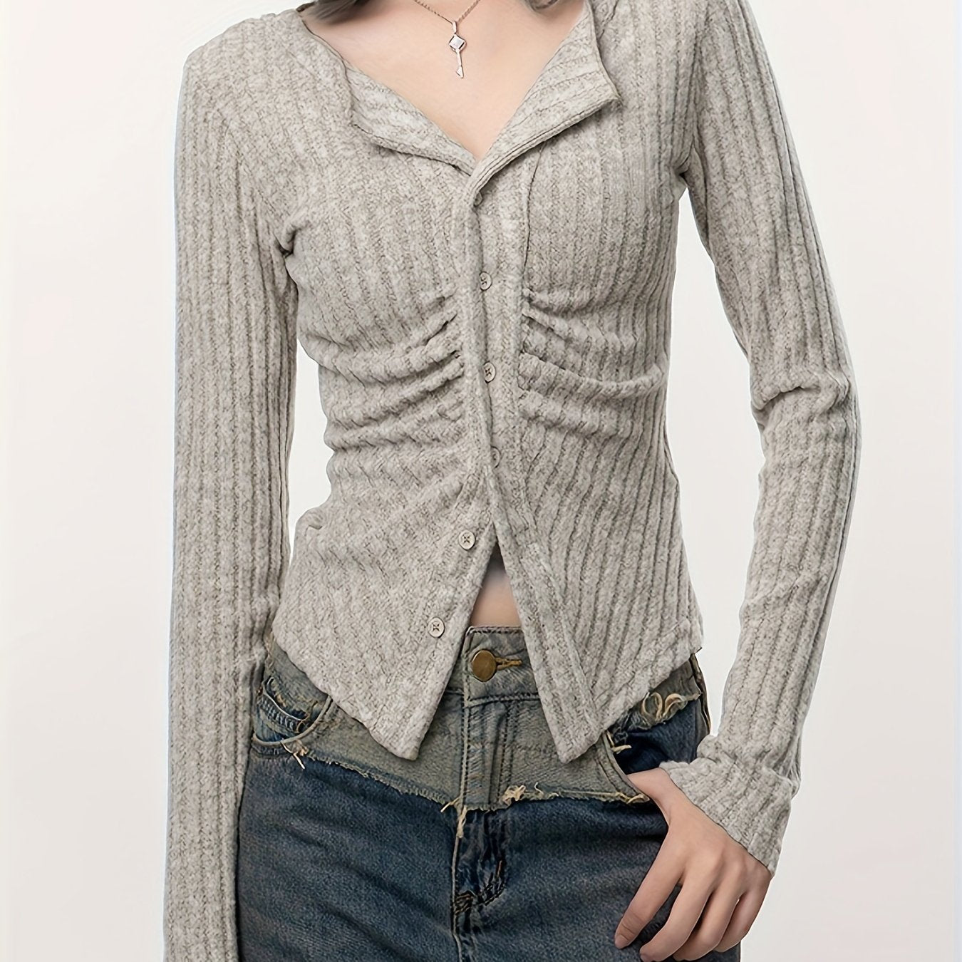 Antmvs Long Sleeve Ribbed T-Shirt, Casual Button Up Top For Spring & Fall, Women's Clothing