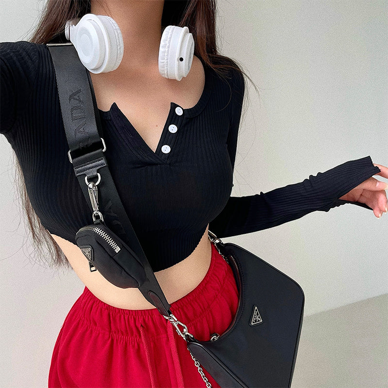 Antmvs Olivia Solid Color Button Up Long Sleeve Ribbed Slim Cropped Top