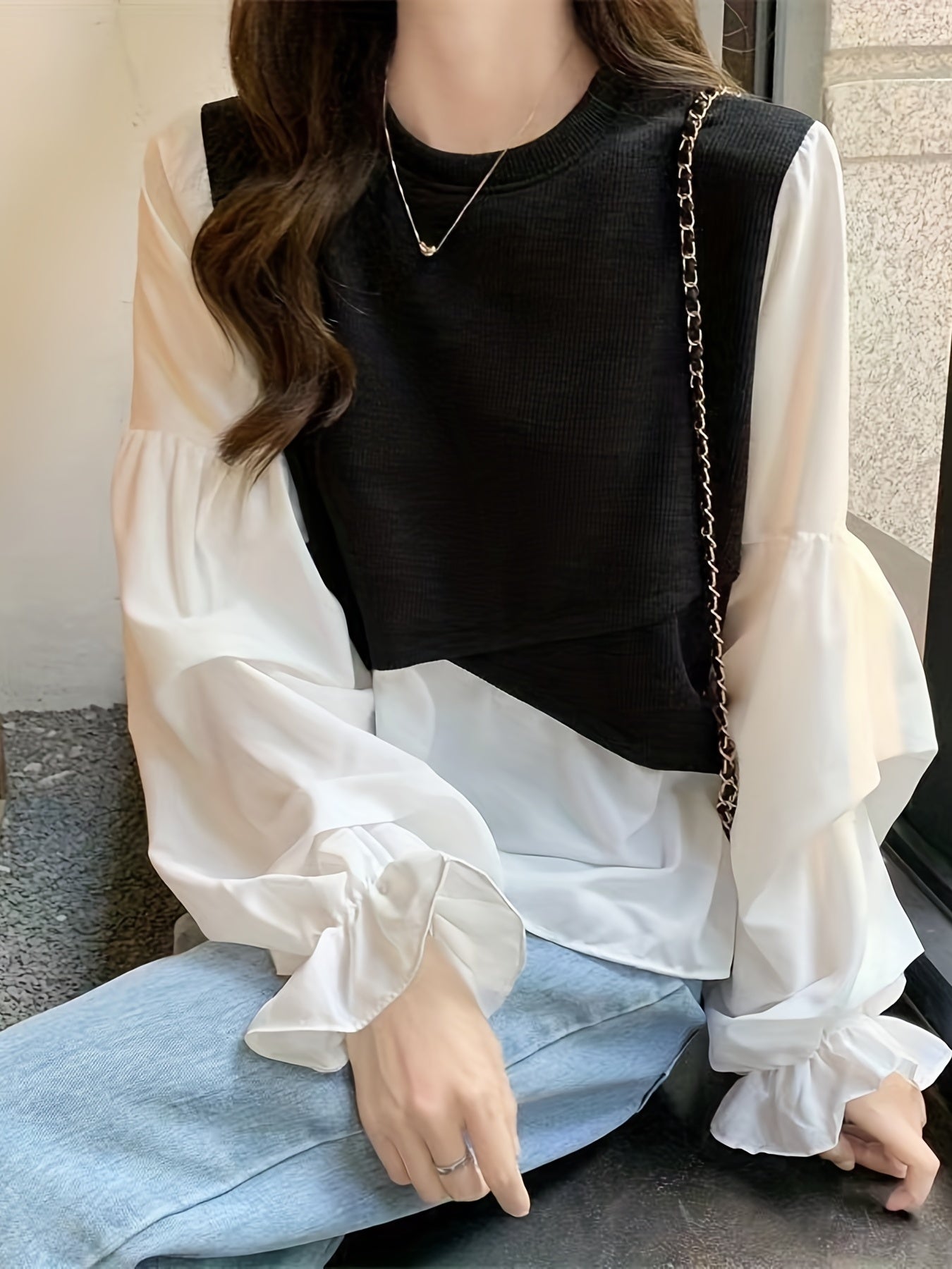 Antmvs Stitching Puff Sleeve Knitted Top, Elegant Crew Neck Long Sleeve Top, Women's Clothing