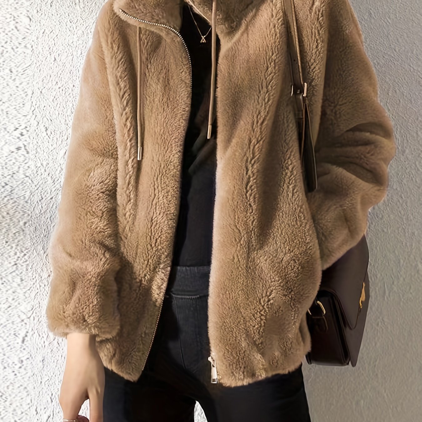 Antmvs Drawstring Teddy Coat, Casual Zip Up Long Sleeve Warm Outerwear, Women's Clothing