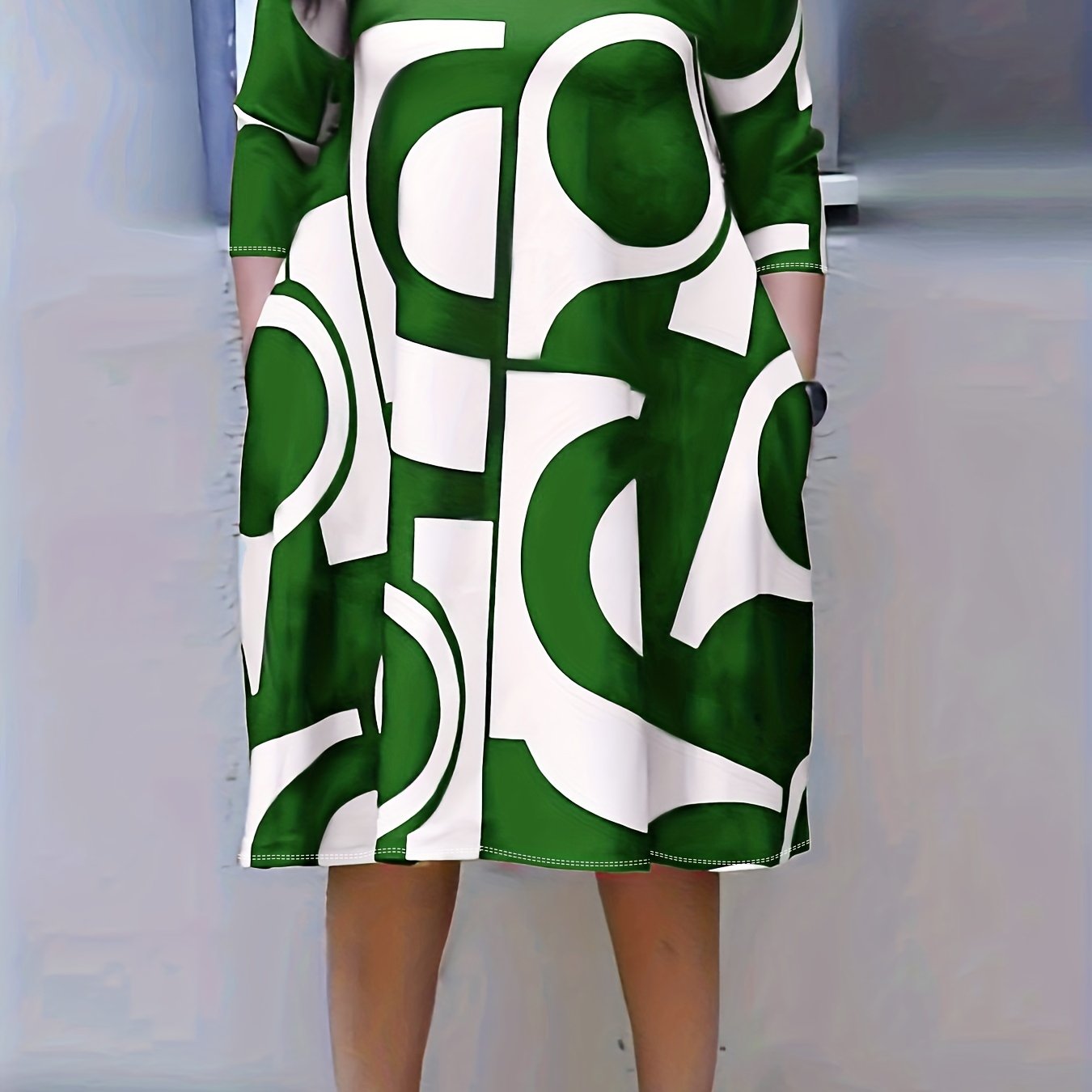 Antmvs Plus Size Elegant Dress, Women's Plus Geometric Print Half Sleeve Round Neck Loose Fit Dress