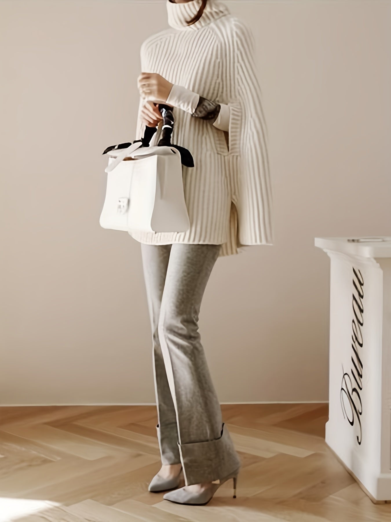 Antmvs Cape Sleeve Turtle Neck Sweater, Elegant Ribbed Knit Sweater For Fall & Winter, Women's Clothing