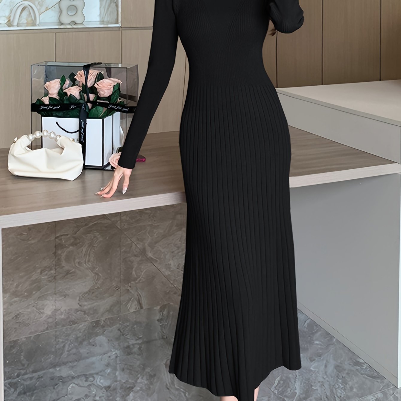 Antmvs Solid Color Long Sleeve Knit Dress, Chic Long Sleeve Crew Neck A-line Dress, Women's Clothing