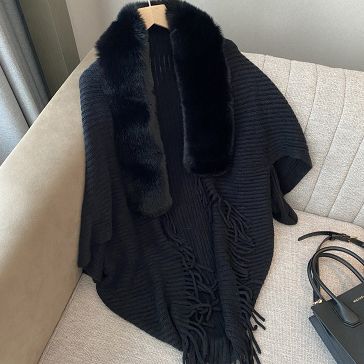 Antmvs Winter Faux Fur Collar Shawl Cape Solid Color Warm Shawl Coat Casual Loose Outer Wear Knit Shawl Wrap