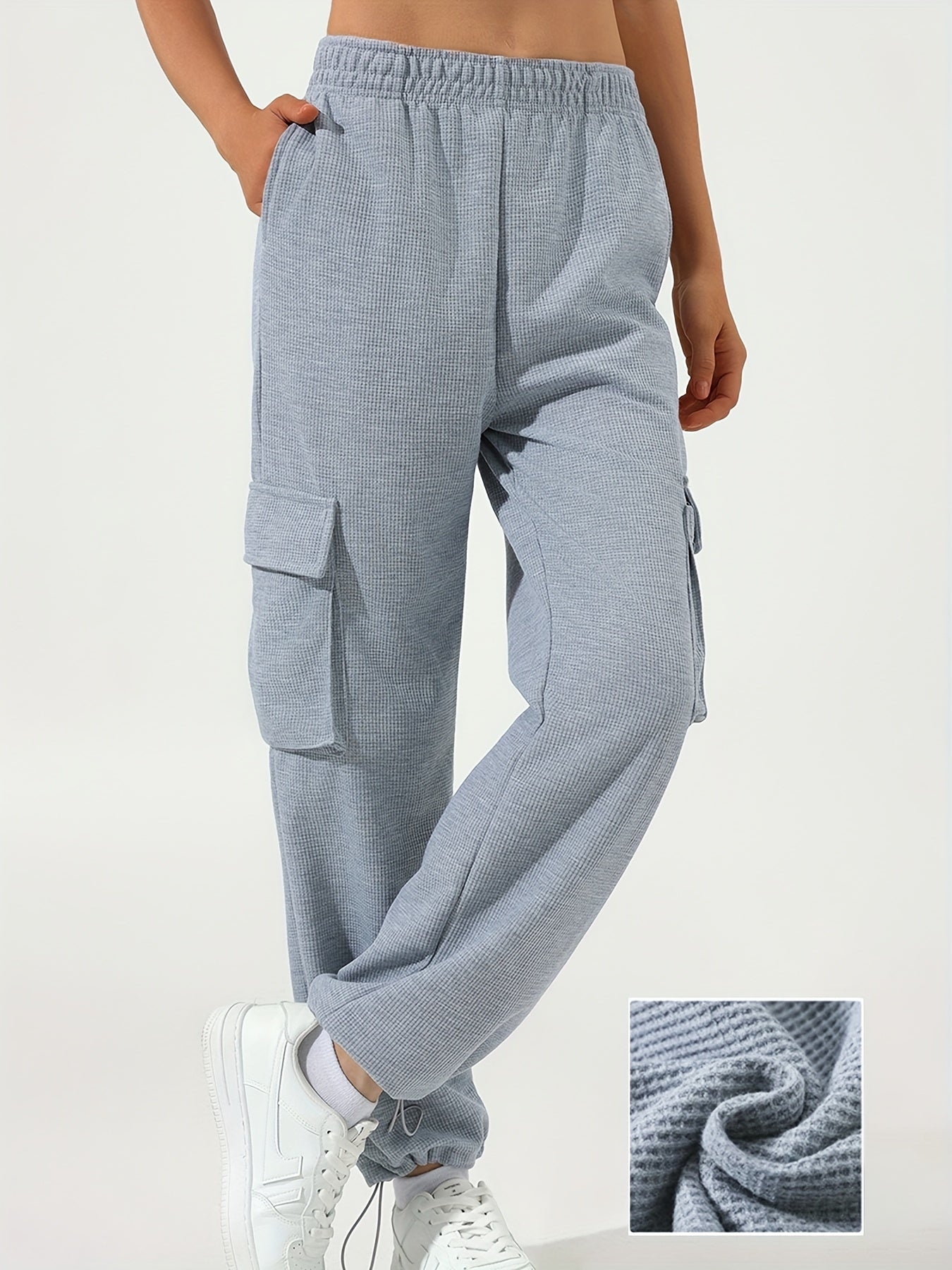 Antmvs Waffle Casual Sports Elastic Waist Sweatpants, Multi-pocket High Waist Solid Color Joggers Pants, Women's Athleisure
