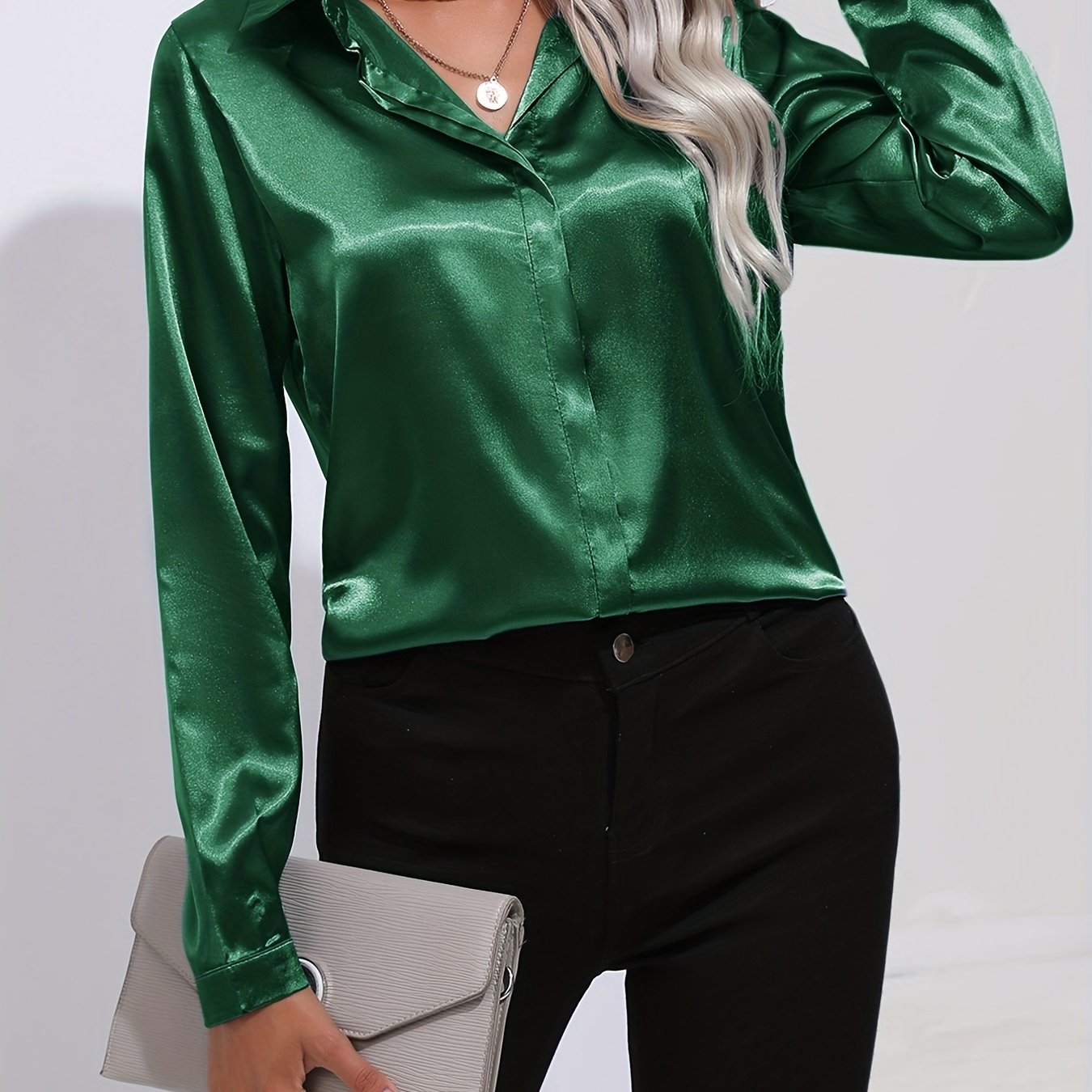 Antmvs Elegant Satin Blouse, Collar Long Sleeve Work Blouse, Women's Clothing