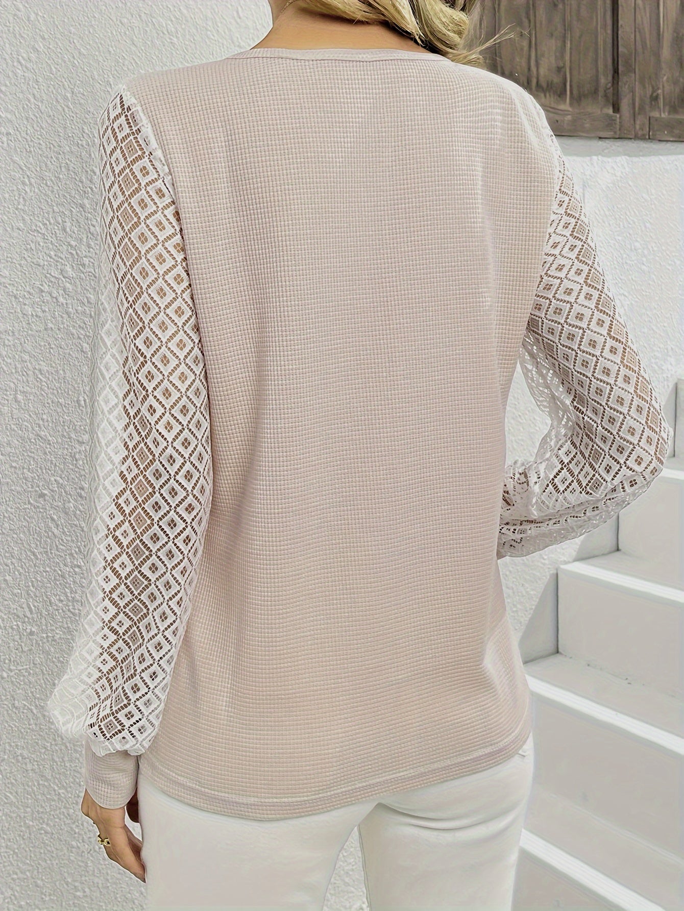 Antmvs Contrast Lace Notched Neck Blouse, Casual Long Sleeve Blouse With Buttons, Women's Clothing