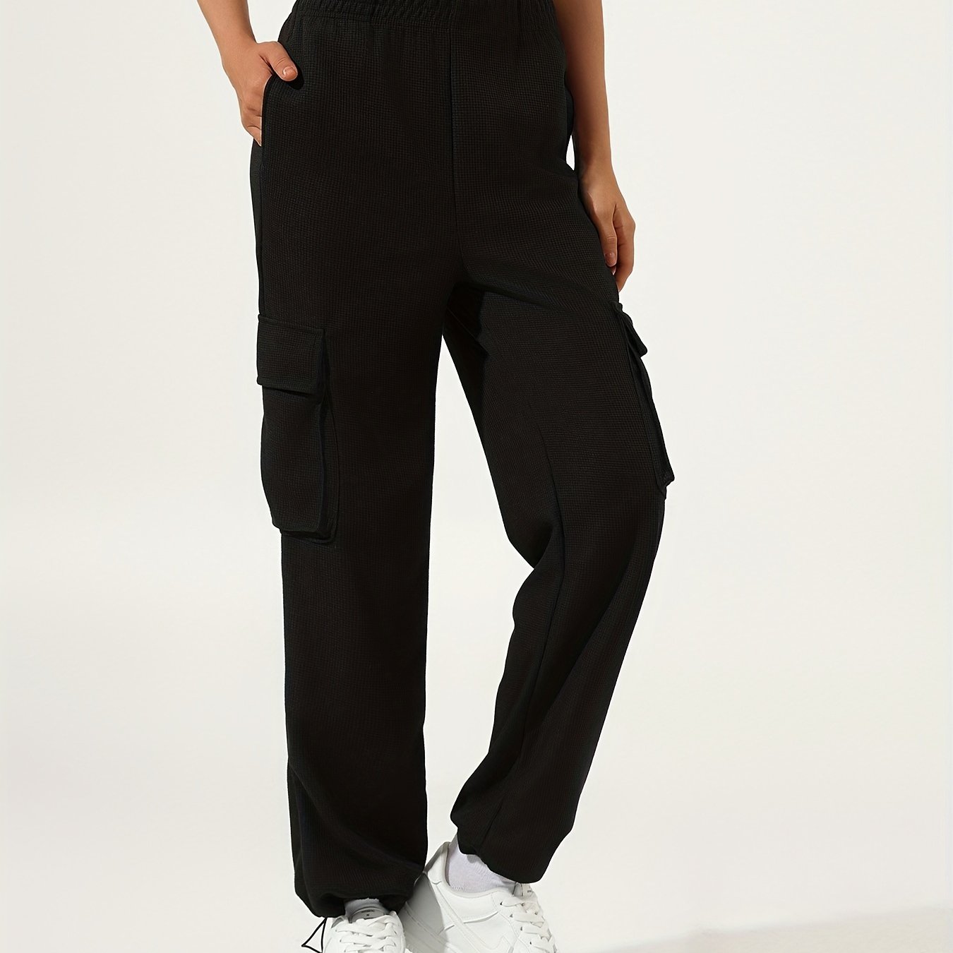 Antmvs Waffle Casual Sports Elastic Waist Sweatpants, Multi-pocket High Waist Solid Color Joggers Pants, Women's Athleisure