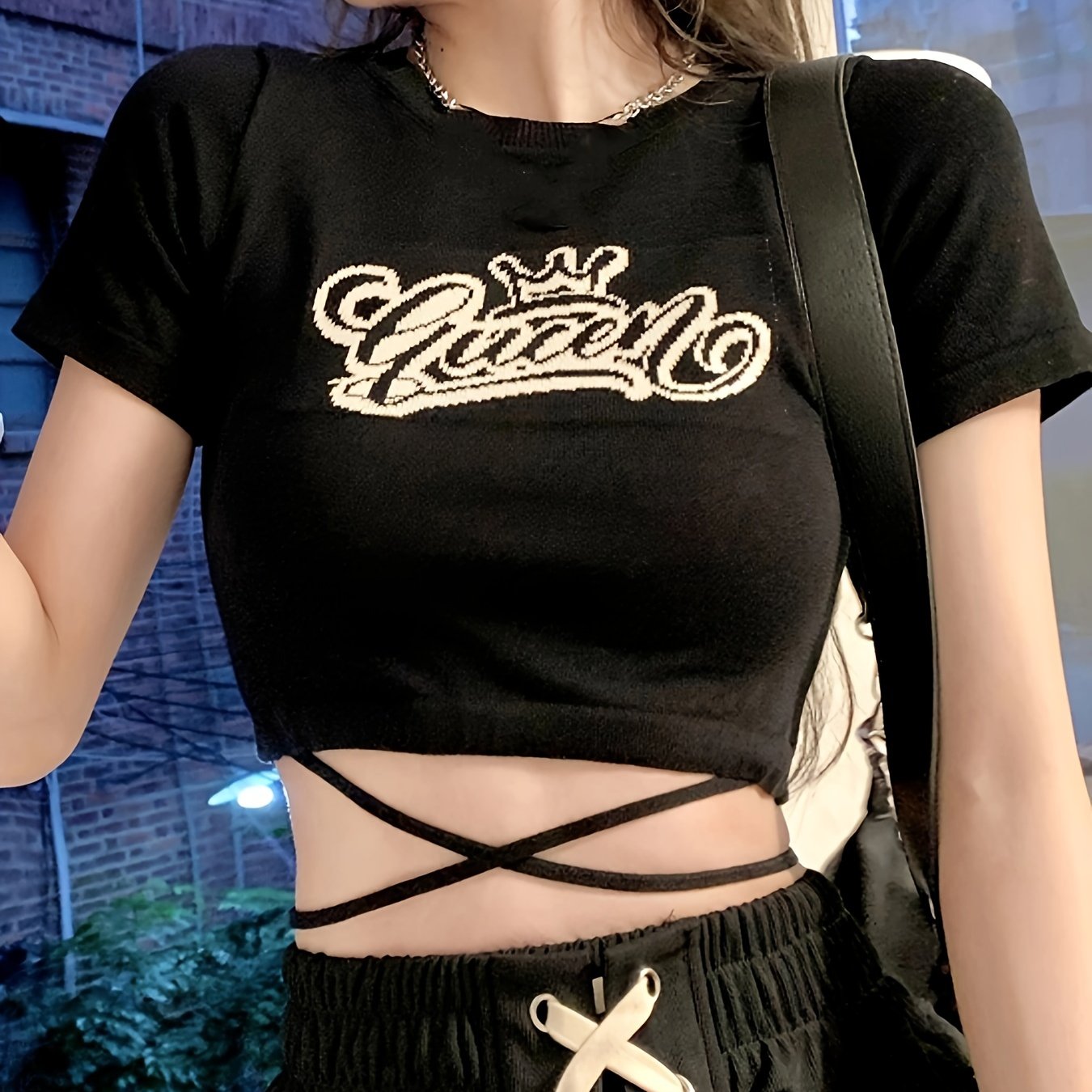 Antmvs Letter Print Crew Neck Crop Tee, Y2K Short Sleeve Tied Top For Spring & Summer, Women's Clothing