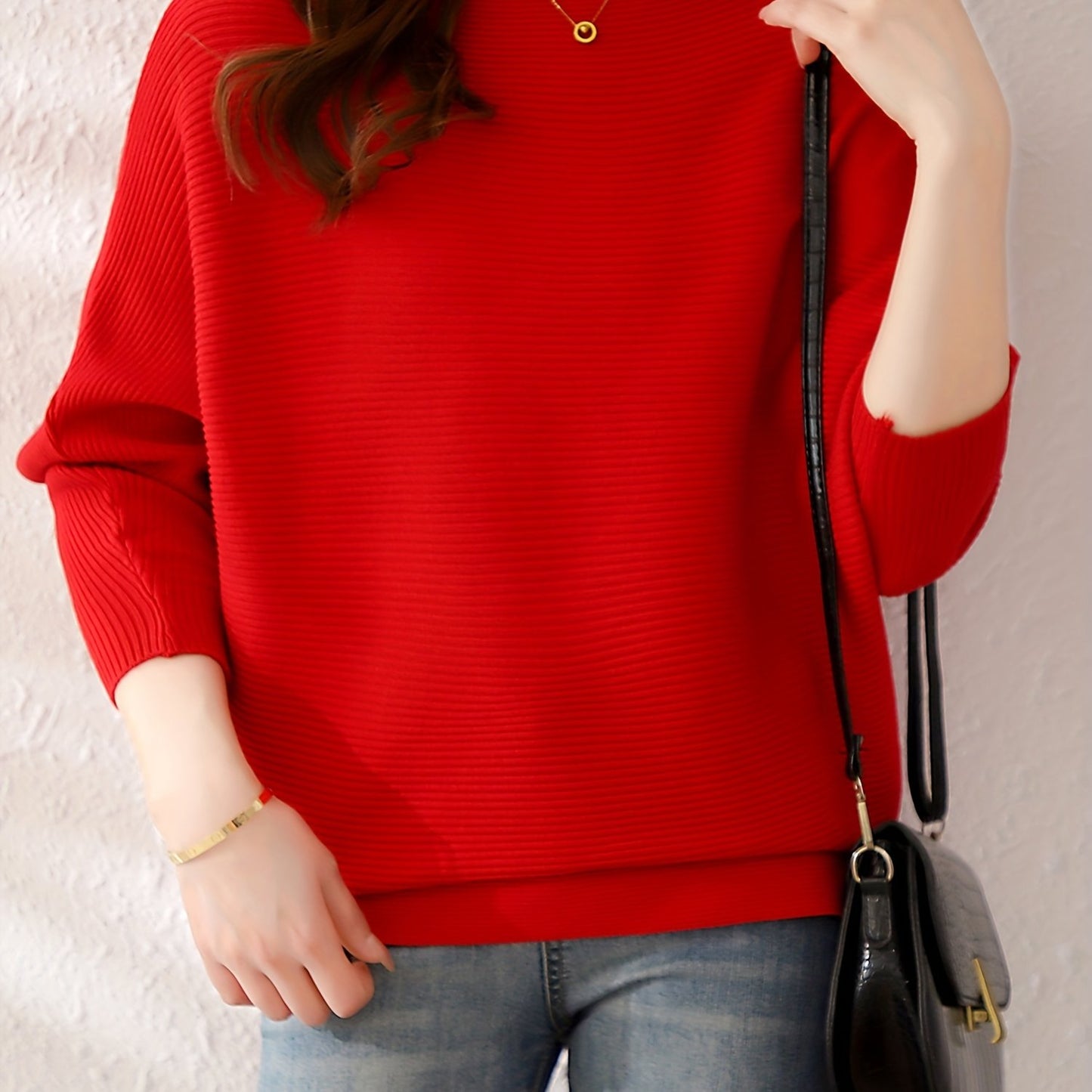 Antmvs Solid Batwing Sleeve Knit Sweater, Casual Boat Neck Sweater For Spring & Fall, Women's Clothing