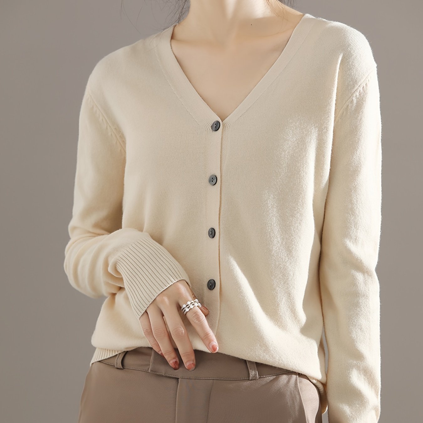 Antmvs Elegant V-neck Solid Cardigan, Long Sleeve Cardigan For Spring & Fall, Women's Clothing