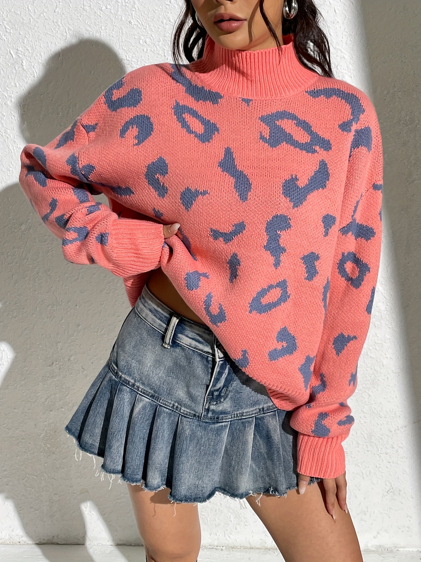 Antmvs Leopard Turtle Neck Pullover Sweater, Casual Long Sleeve Drop Shoulder Sweater, Women's Clothing
