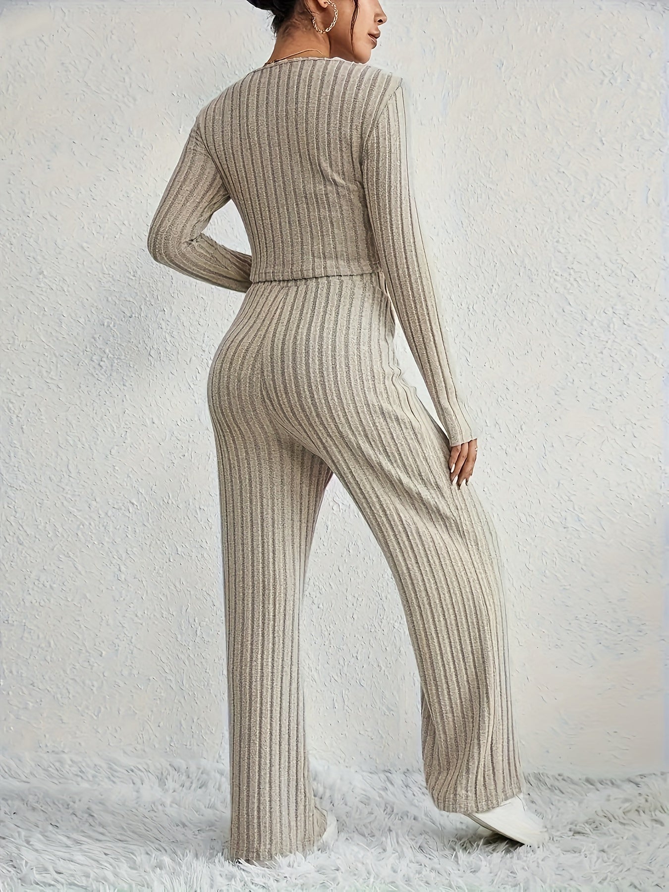 Antmvs Casual Solid Ribbed Two-piece Set, Long Sleeve Top & High Waist Pants Outfits, Women's Clothing